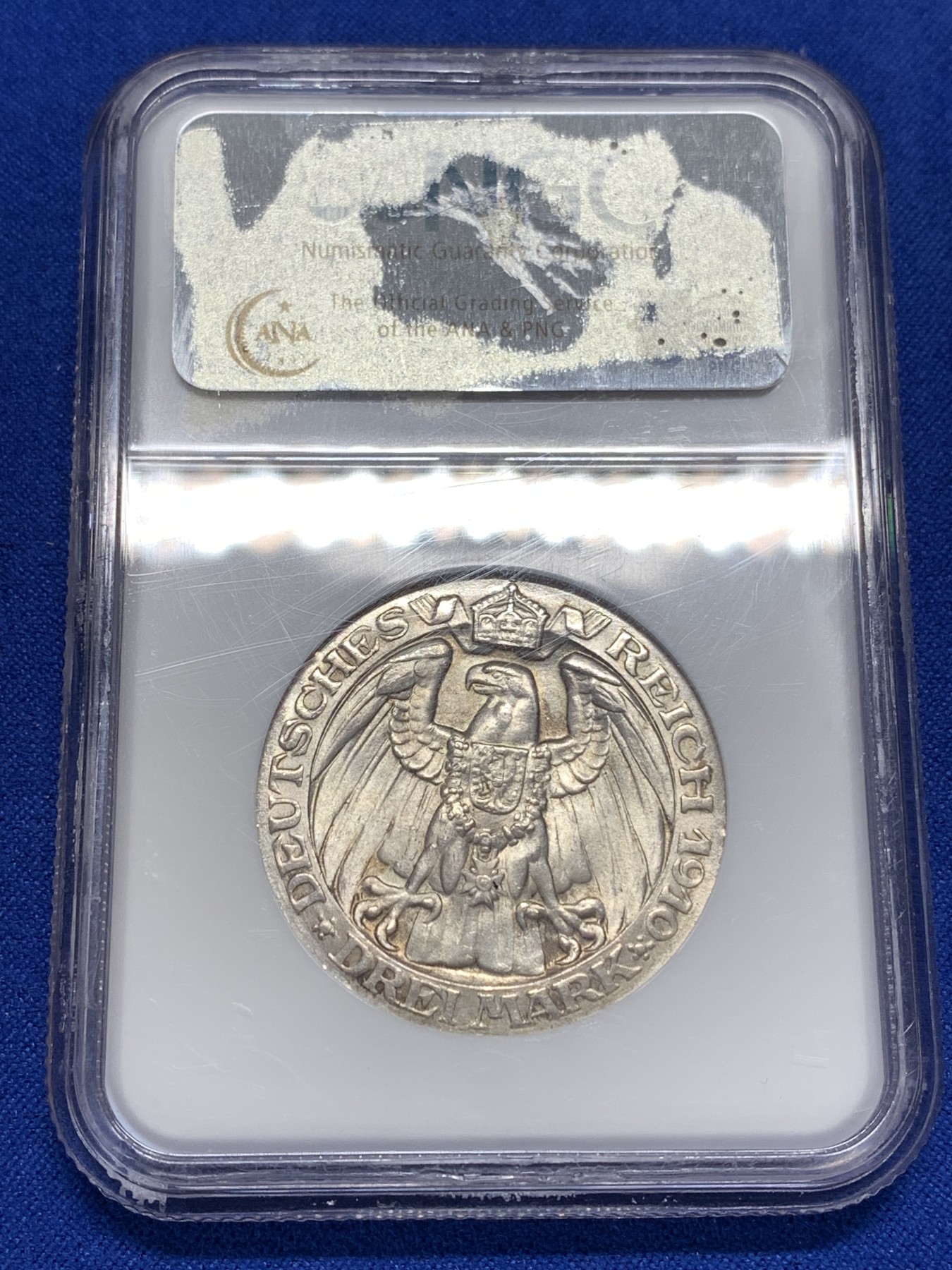 《竞宝斋》第189场-周日，周一 2场 (全场包邮) NGC-MS64 德国普鲁士 1910年 柏林大学3马克银币 较少见 老盒难得