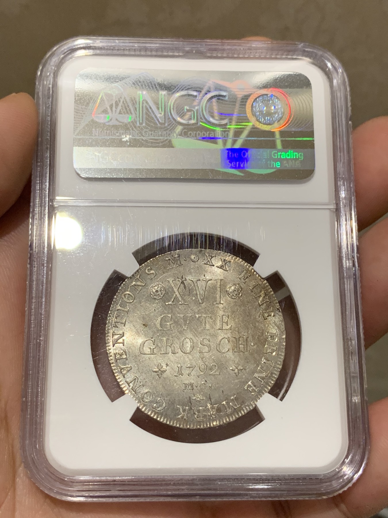 《竞宝斋》第189场-周日，周一 2场 (全场包邮) 唯一冠军分 NGC-MS64+ 德国不伦瑞克 1792年 16格罗申银币  顶级收藏品