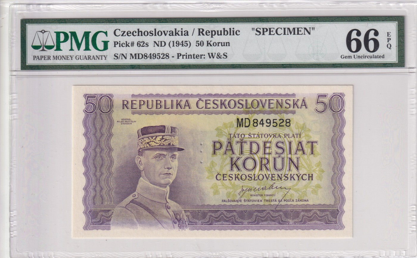 乐淘淘纸币精选 第15期 周五周六连拍第二场 【MD849528】捷克斯洛伐克1945年纸币 50克朗 样钞 PMG66EPQ 亚军分（冠军分仅一张）