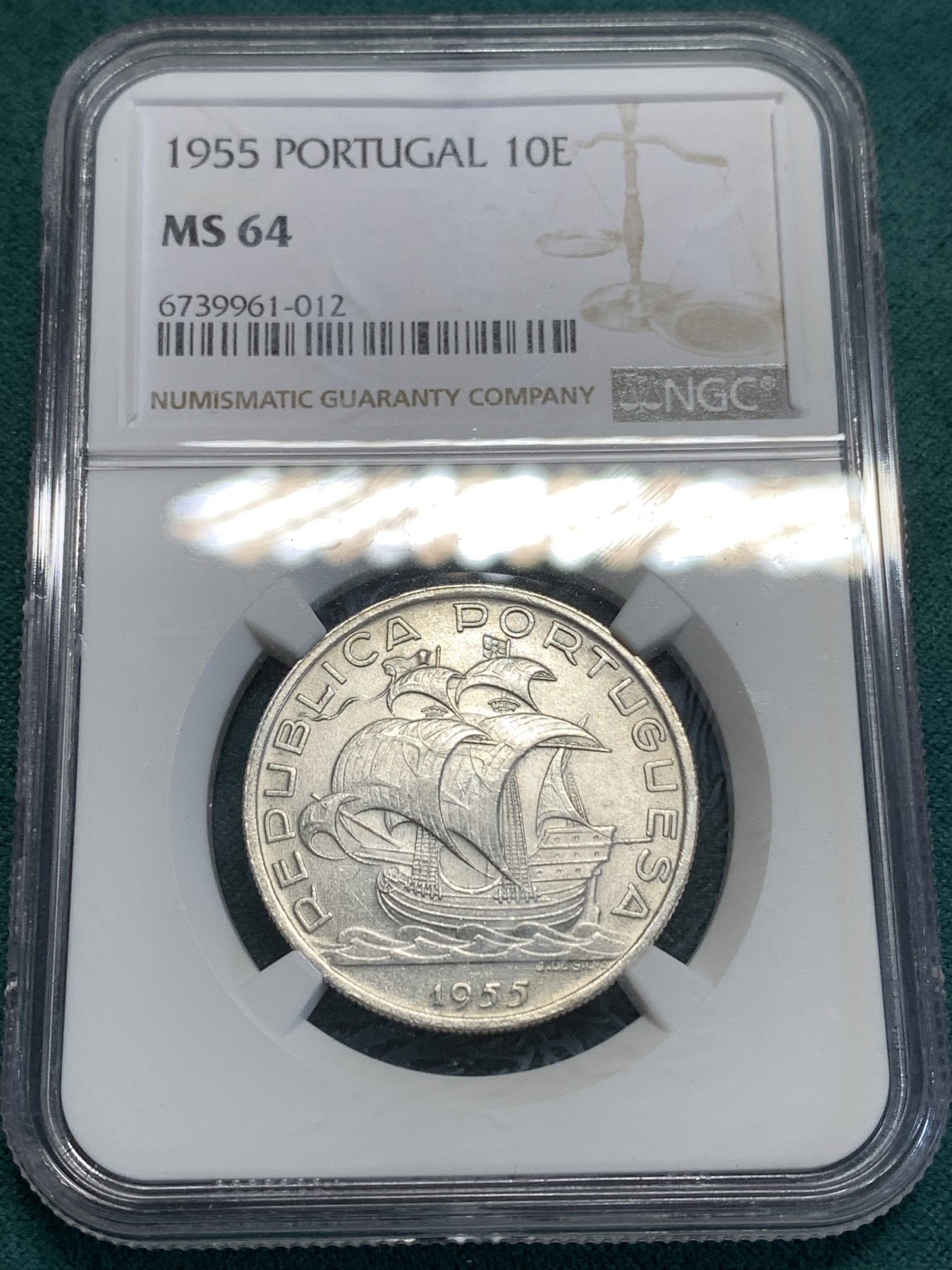 《竞宝斋》第189场-周日，周一 2场 (全场包邮) NGC-MS64 葡萄牙1955年大帆船10埃斯库多银币 一帆风顺