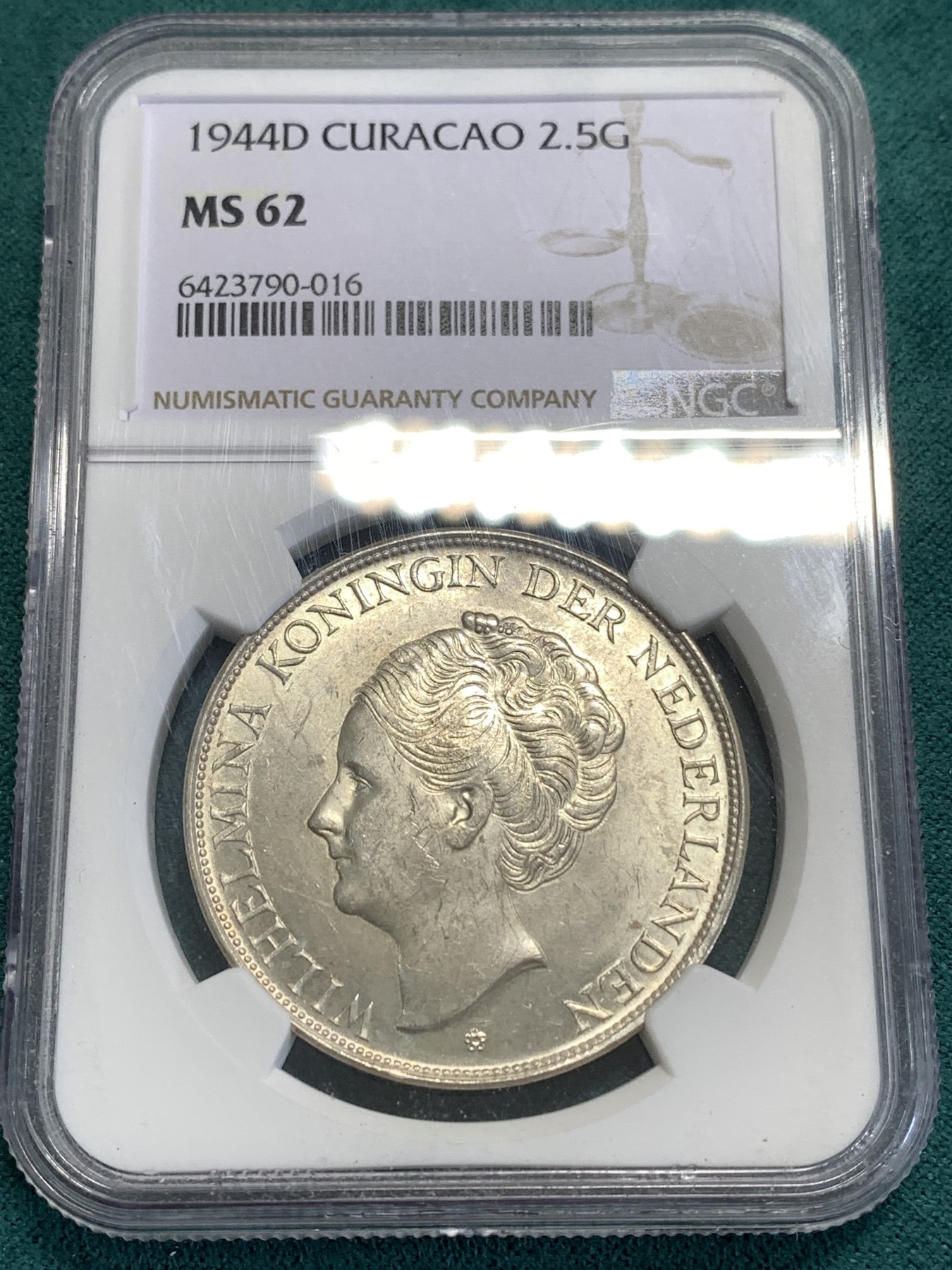 《竞宝斋》第189场-周日，周一 2场 (全场包邮) NGC MS62 荷属库拉索1944年威廉明娜2.5G大银币