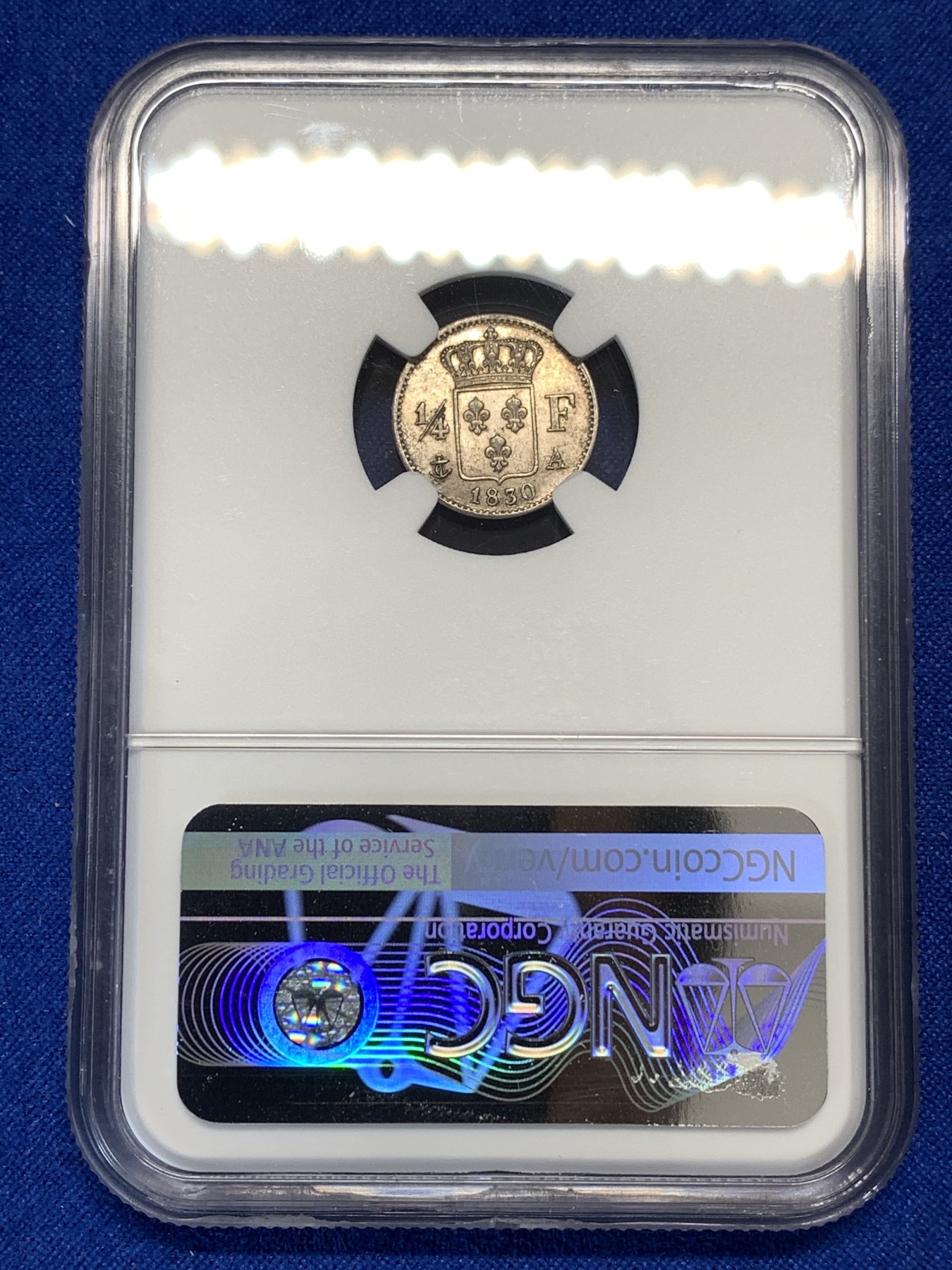 《竞宝斋》第189场-周日，周一 2场 (全场包邮) NGC MS61 法国1830年A巴黎厂查理十世1/4法郎银币 在位十年 极少好品辅币