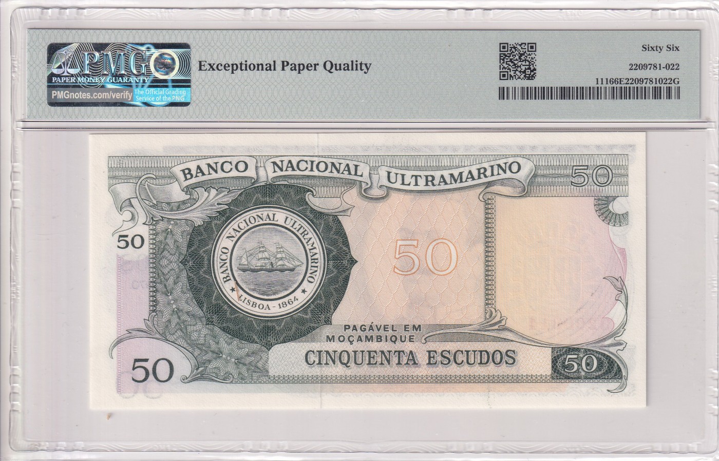 乐淘淘纸币精选 第15期 周五周六连拍第二场 【3200314】莫桑比克1970年纸币 50埃斯库多 PMG66EPQ 亚军分