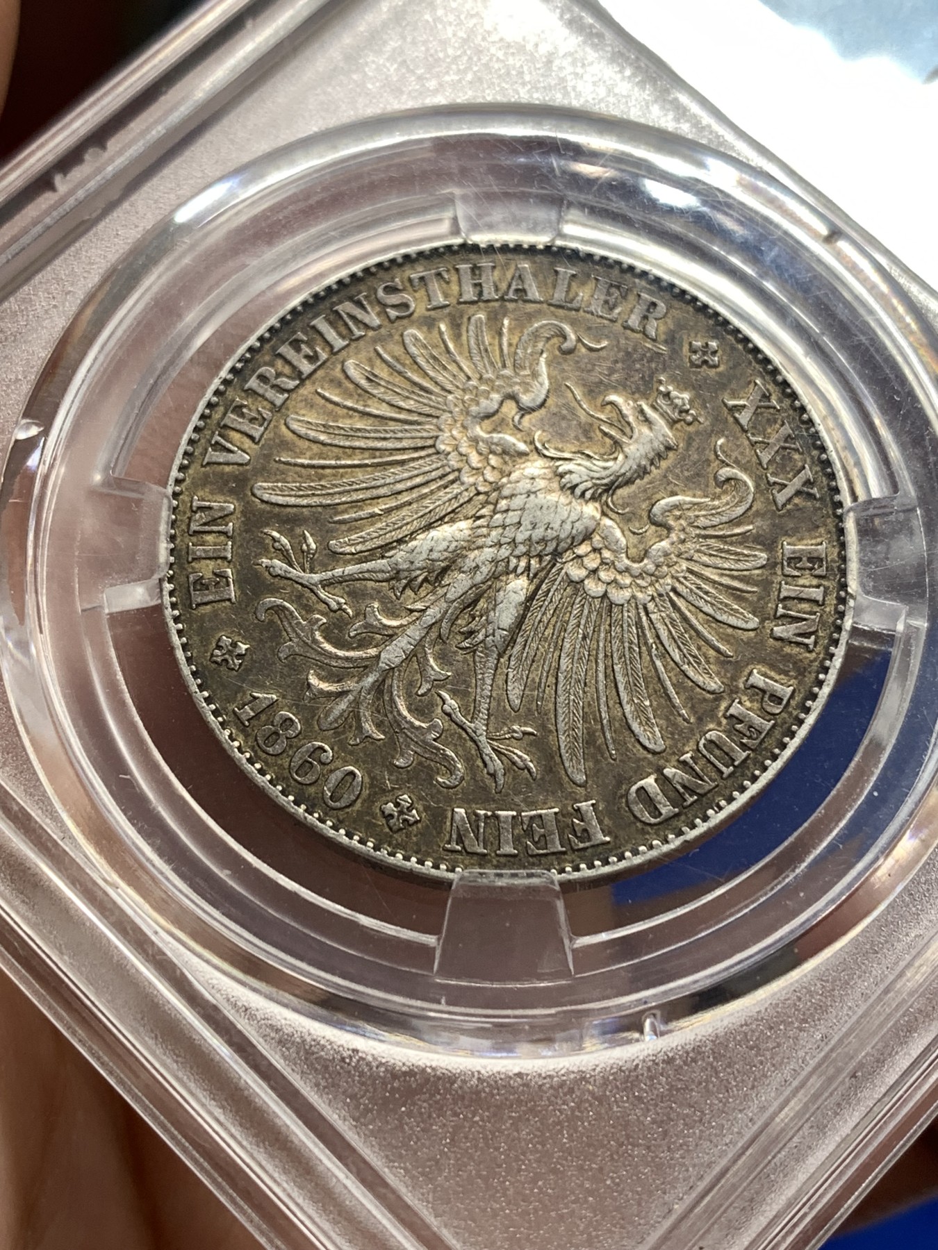 《竞宝斋》第189场-周日，周一 2场 (全场包邮) 保粹NFC盒 AU58 德国1860年法兰克福少女1泰勒银币