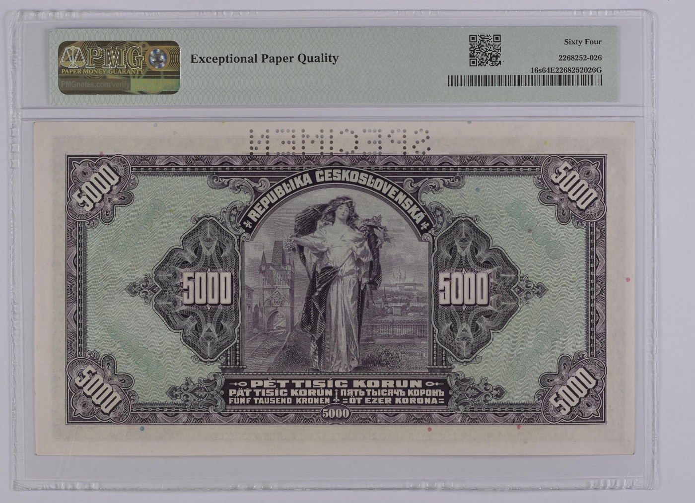 乐淘淘纸币精选 第15期 周五周六连拍第二场 【B 974419】波西米亚1943年纸币 5000克朗 样钞 大票幅 PMG64EPQ