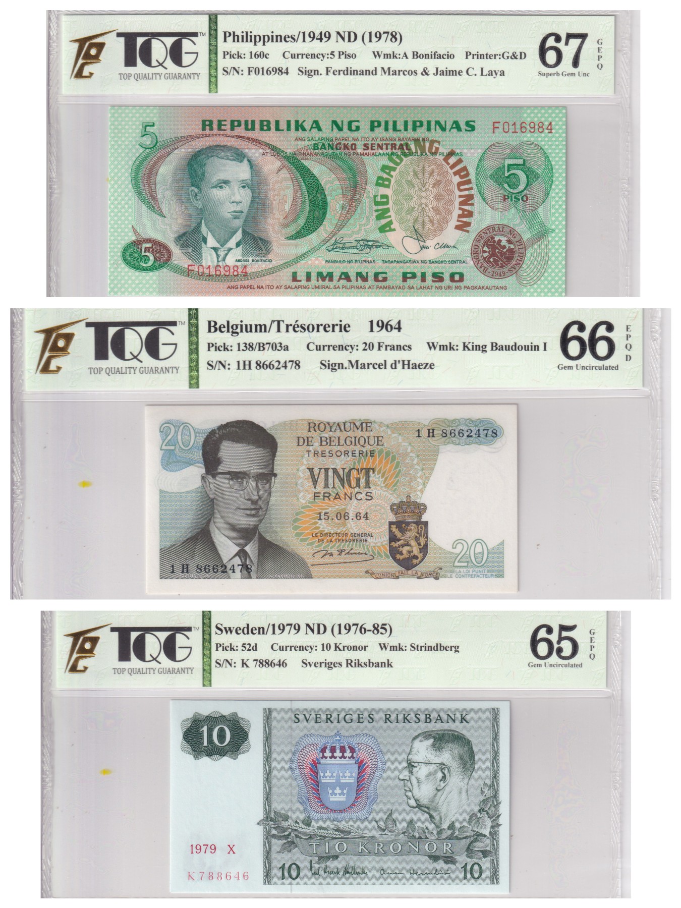 乐淘淘纸币精选 第15期 周五周六连拍第二场 【三张组合】菲律宾 比利时 瑞典纸币三张 TQG评级