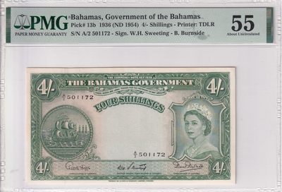 乐淘淘纸币精选 第14期 周五周六连拍第一场 - 【A/2 501172】巴哈马1936年纸币 4/-先令 女王钞 PMG55
