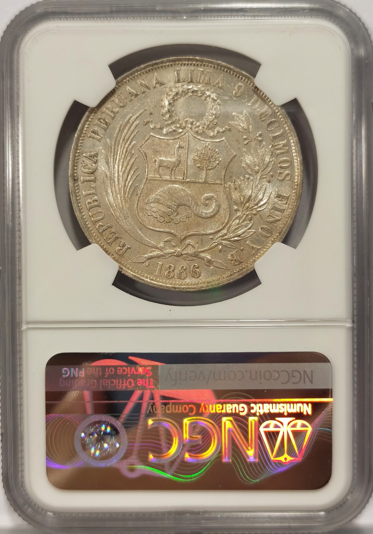 博洋堂“纯白金之夜”精品专场暨第039期（全场包邮） NGC MS62 秘鲁1866/56年YB版1索尔银币