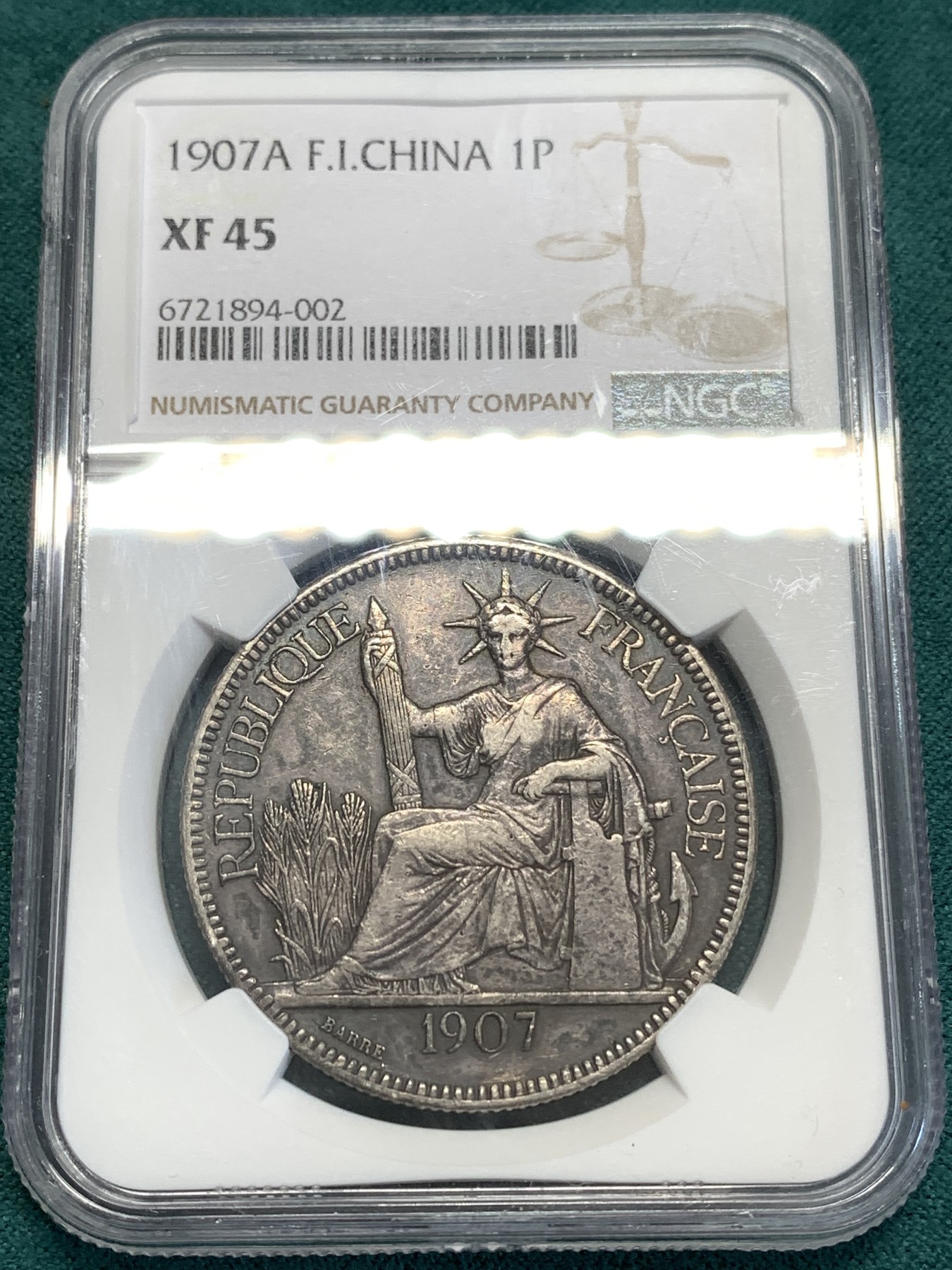 《竞宝斋》第189场-周日，周一 2场 (全场包邮) NGC XF45 法属印支1907坐洋一元银币