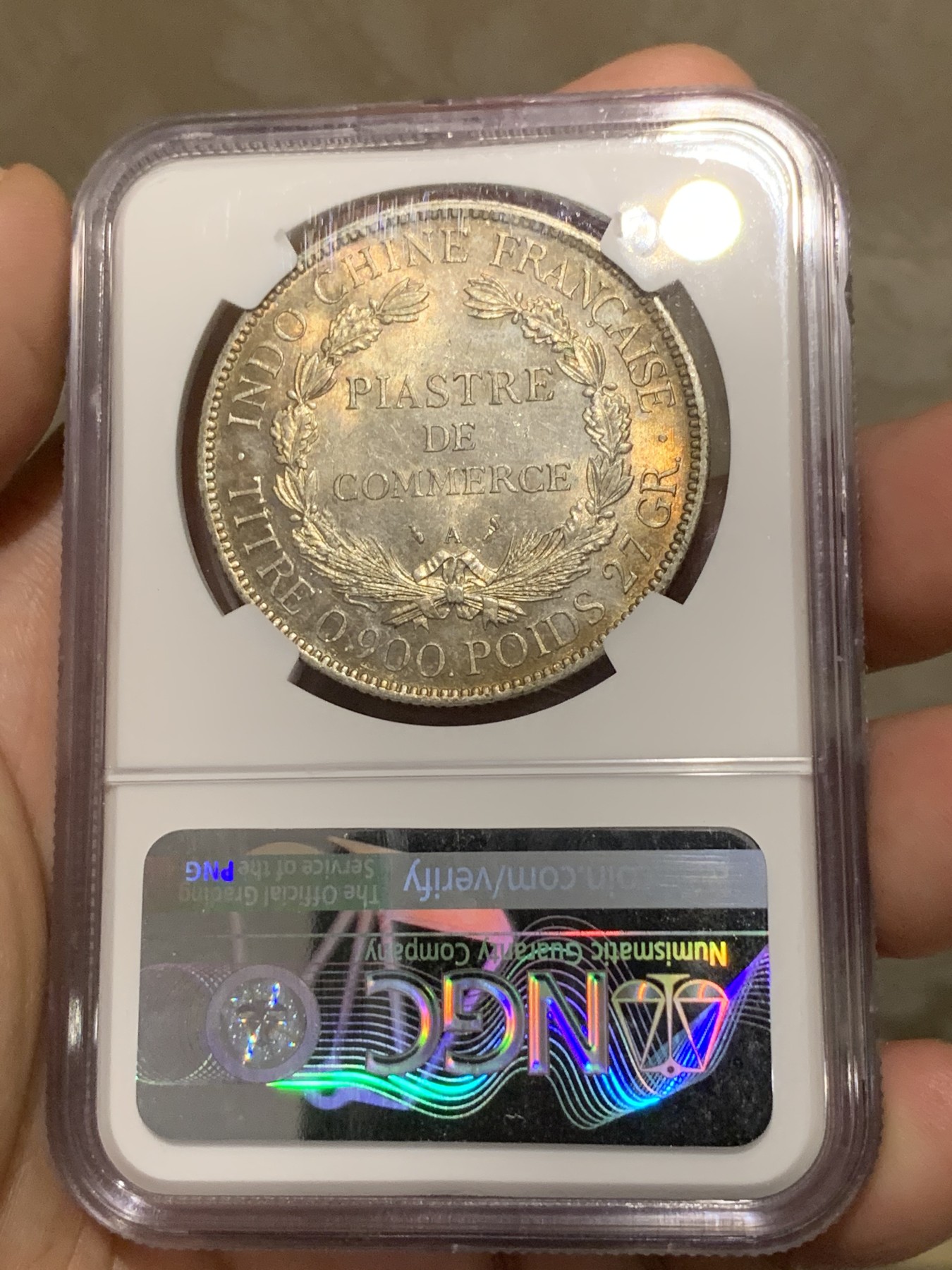 《竞宝斋》第189场-周日，周一 2场 (全场包邮) NGC MS62 法属印支 1907年坐洋银币 淡彩包浆 比较难得