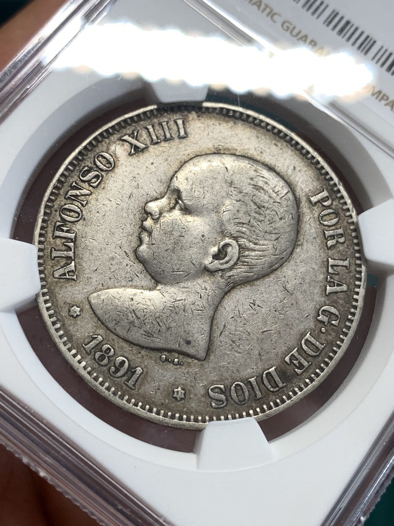 《竞宝斋》第189场-周日，周一 2场 (全场包邮) NGC-XF40 西班牙1891年 阿方索十三世 5比塞塔双柱大银币 状态好