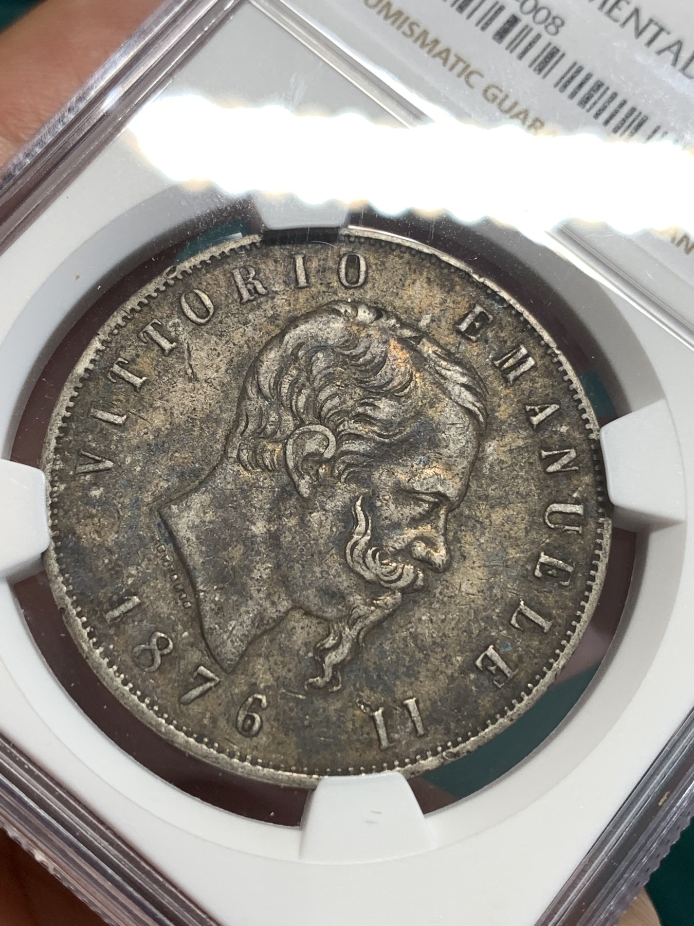 《竞宝斋》第189场-周日，周一 2场 (全场包邮) NGC XFD 意大利1876年伊曼纽尔二世5里拉大银币 原味老包浆