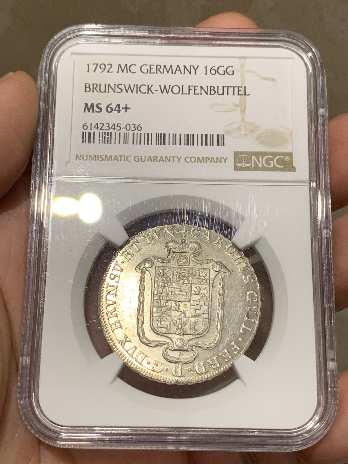 《竞宝斋》第189场-周日，周一 2场 (全场包邮) 唯一冠军分 NGC-MS64+ 德国不伦瑞克 1792年 16格罗申银币  顶级收藏品