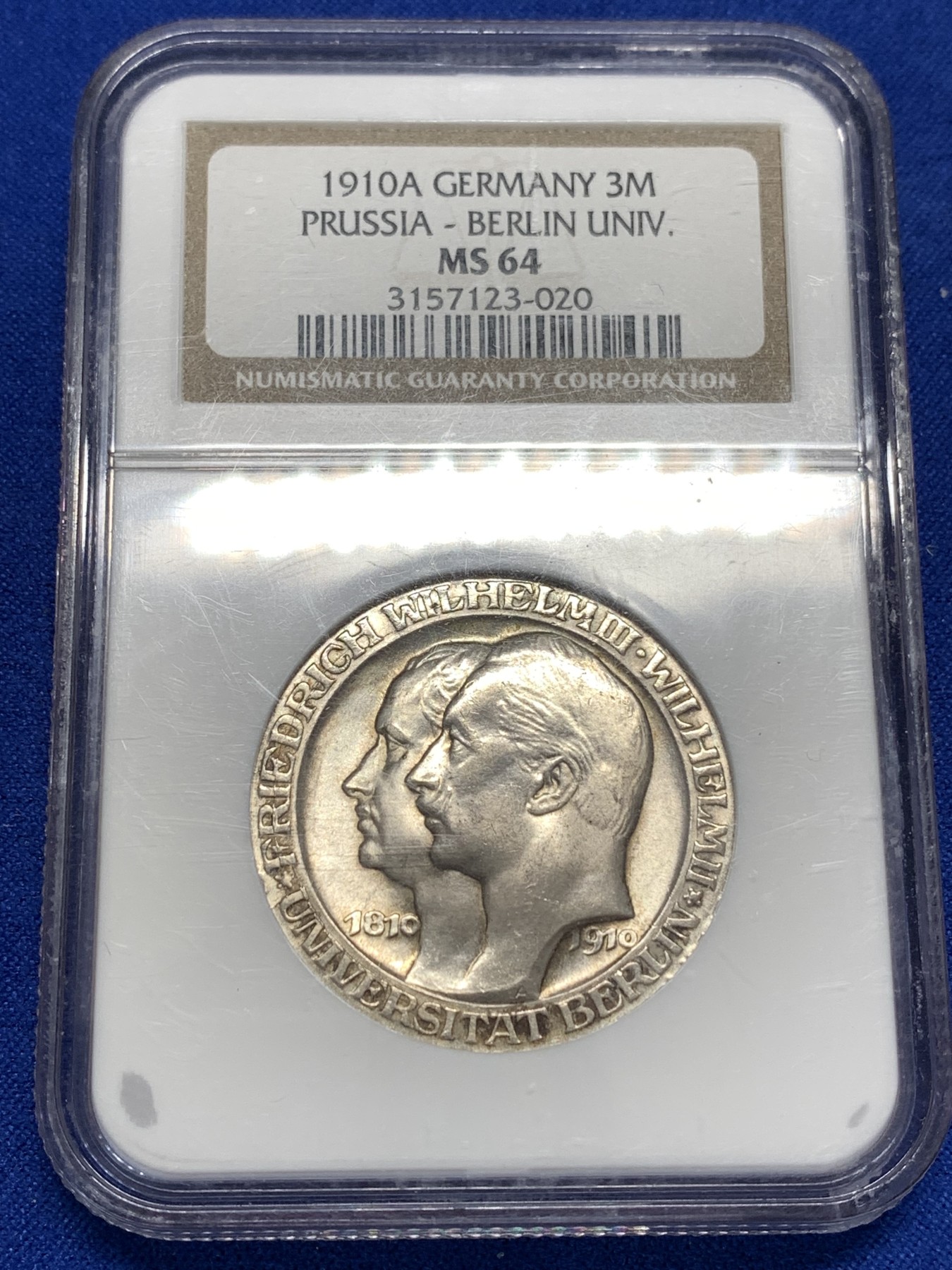 《竞宝斋》第189场-周日，周一 2场 (全场包邮) NGC-MS64 德国普鲁士 1910年 柏林大学3马克银币 较少见 老盒难得