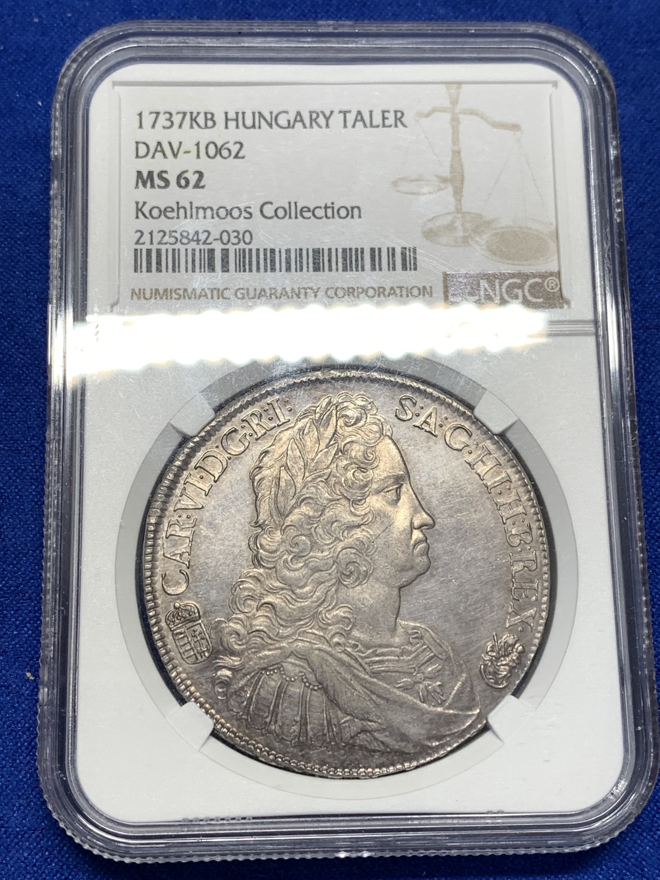 《竞宝斋》第189场-周日，周一 2场 (全场包邮) 冠军分 NGC-MS62 神圣罗马帝国 查理六世 1737年1泰勒银币 匈牙利版 PL感明显！ 名家旧藏，淡金包浆，有精制感，实物极美！匈牙利系列大涨，好品极难得，比同时期奥地利少太多。不可错过