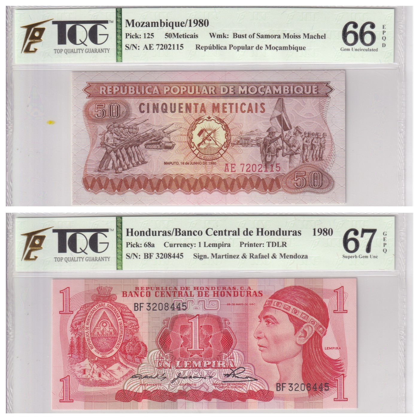 乐淘淘纸币精选 第15期 周五周六连拍第二场 【两张组合】莫桑比克 洪都拉斯纸币两张 TQG评级高分