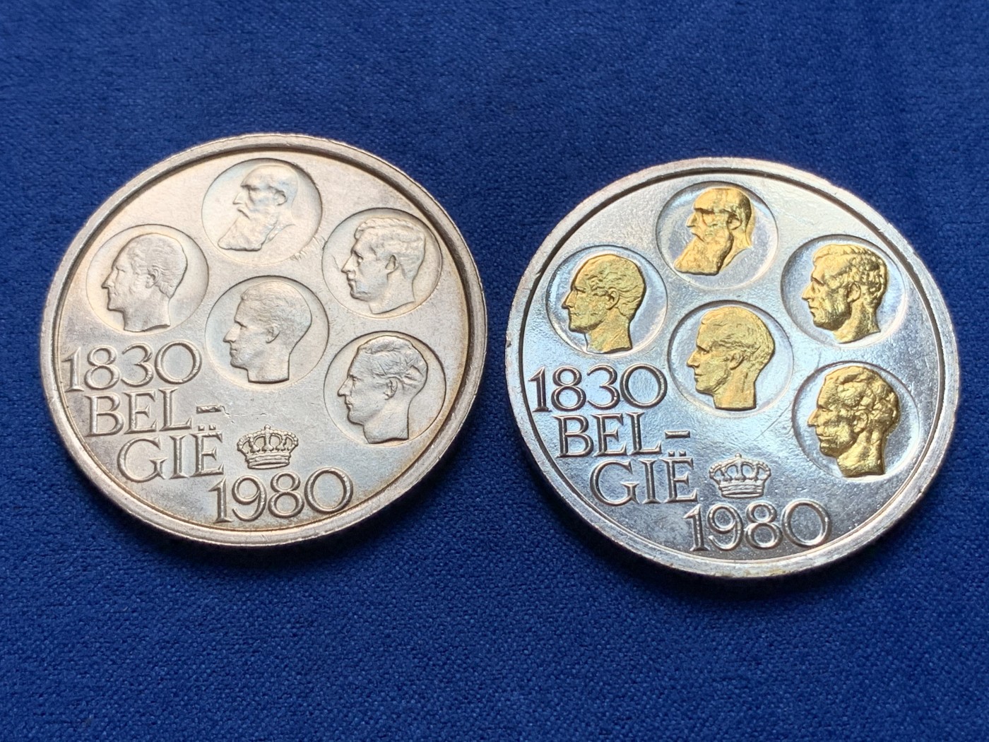 《竞宝斋》第189场-周日，周一 2场 (全场包邮) 两枚一组 比利时1980年独立150周年500法郎纪念币 一枚镀金板首次见到