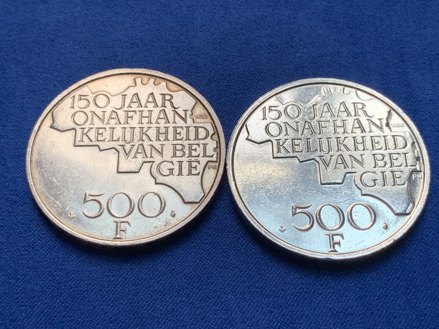 《竞宝斋》第189场-周日，周一 2场 (全场包邮) 两枚一组 比利时1980年独立150周年500法郎纪念币 一枚镀金板首次见到