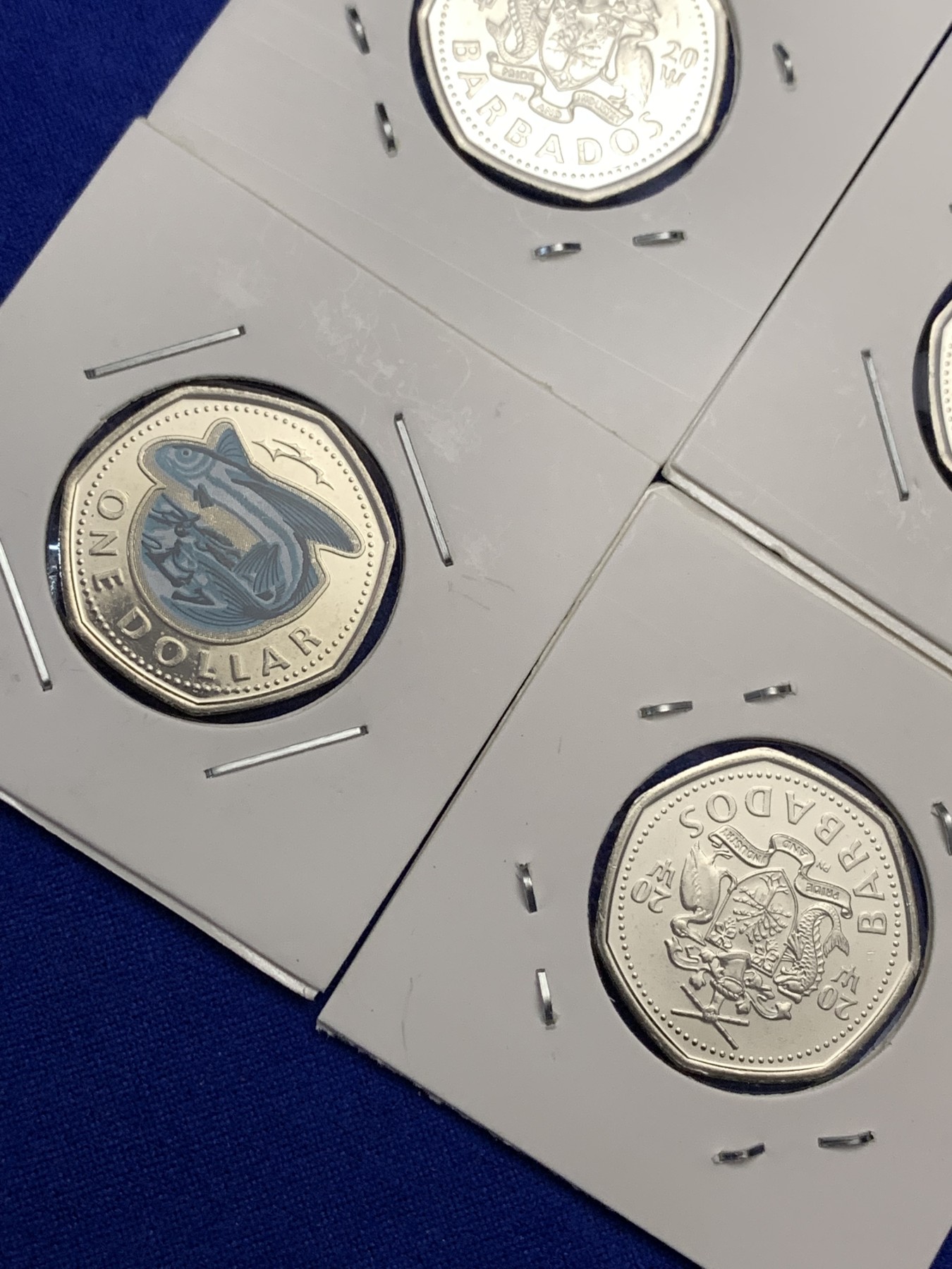 《竞宝斋》第189场-周日，周一 2场 (全场包邮) 巴巴多斯 2020年1元彩色飞鱼七边形币 4枚 卷拆品