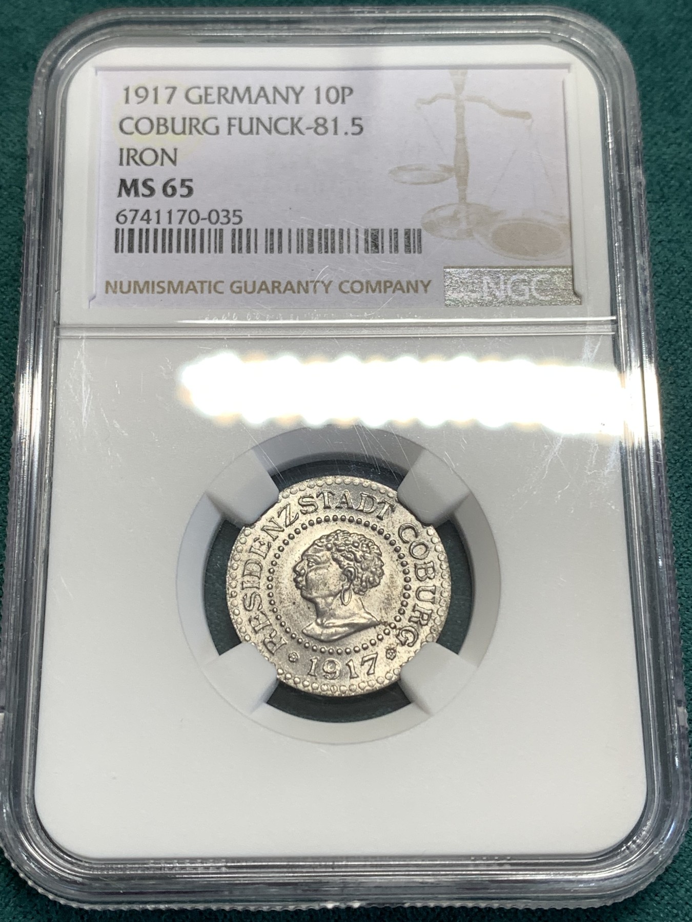 《竞宝斋》第189场-周日，周一 2场 (全场包邮) NGC-MS65 德国1917德紧柯堡10芬妮铁币 少见好品相