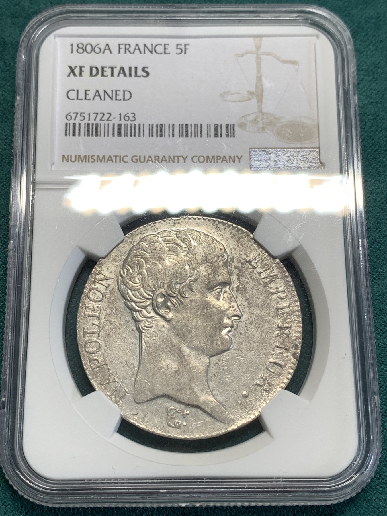 《竞宝斋》第189场-周日，周一 2场 (全场包邮) NGC XF 法国1806年拿破仑一世5法郎银币 少见头像 底板带光 非常不错