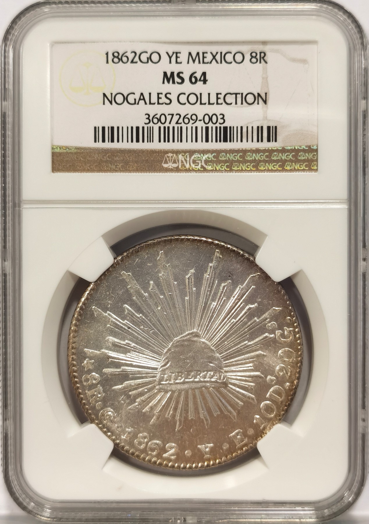 博洋堂“纯白金之夜”精品专场暨第039期（全场包邮） NGC MS64 墨西哥1862 GO YE版花边8R鹰洋，N记第二名，名家旧藏