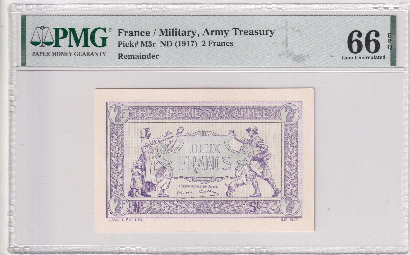 乐淘淘纸币精选 第15期 周五周六连拍第二场 法国1917年纸币 2法郎 军票 百年老钞 PMG66EPQ 亚军分
