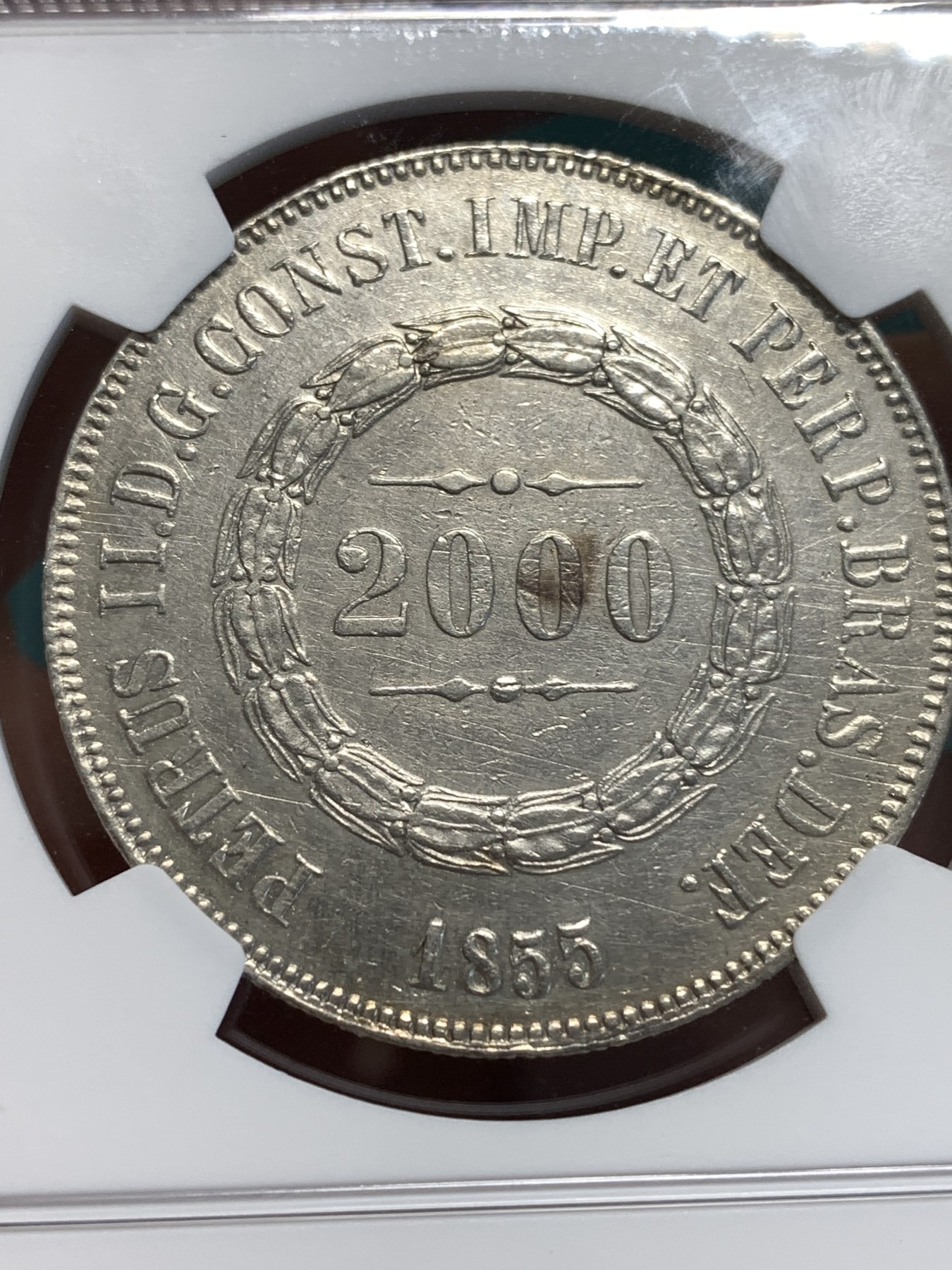 《竞宝斋》第189场-周日，周一 2场 (全场包邮) NGC-AUD 巴西帝国 1855年 2000瑞斯大银币