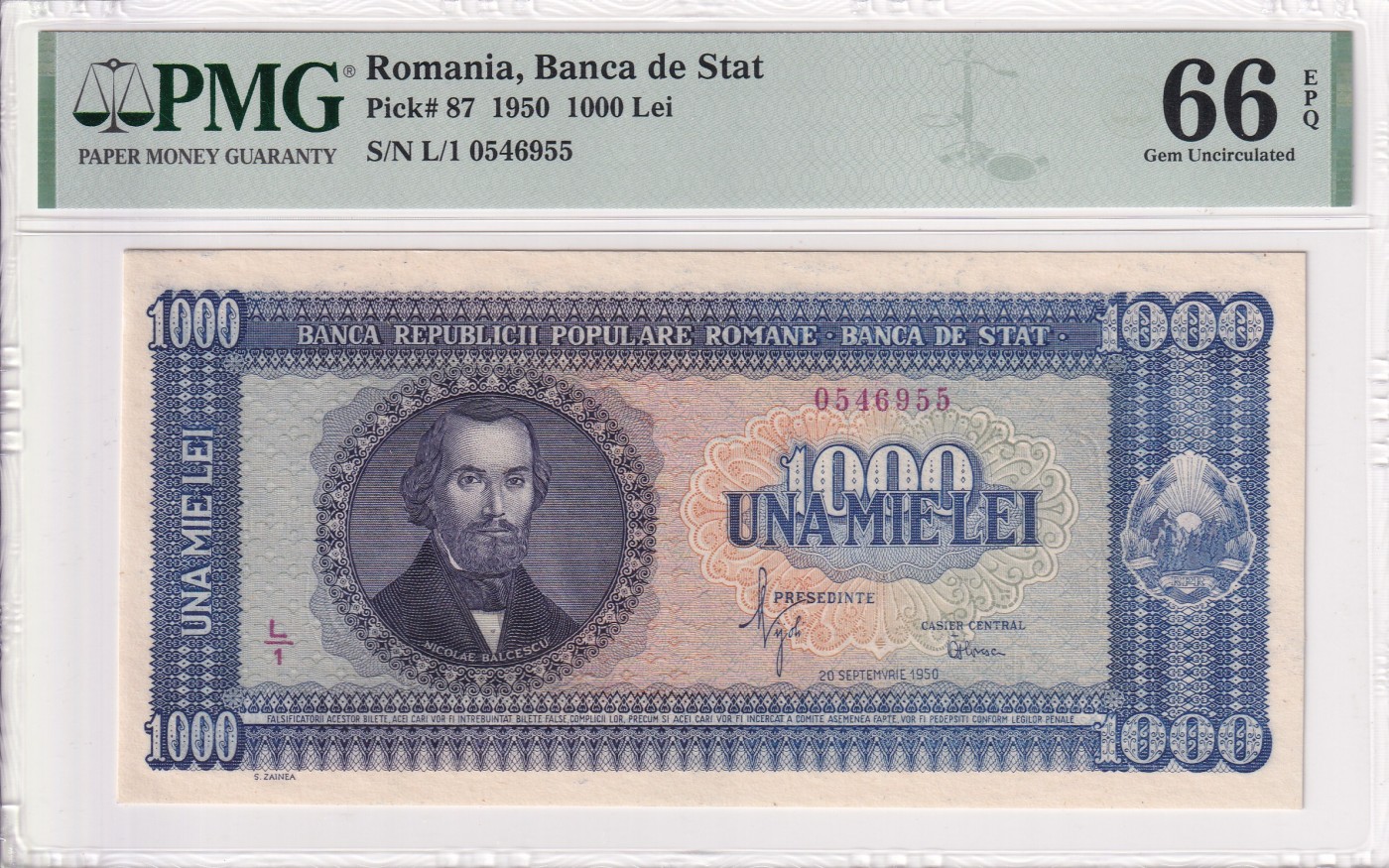 乐淘淘纸币精选 第15期 周五周六连拍第二场 【L/1 0546955】罗马尼亚1950年纸币 1000列伊 PMG66EPQ 冠军分！
