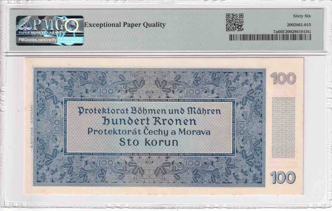 乐淘淘纸币精选 第15期 周五周六连拍第二场 【被鸽重返】波西米亚1940年纸币 100克朗 PMG66EPQ