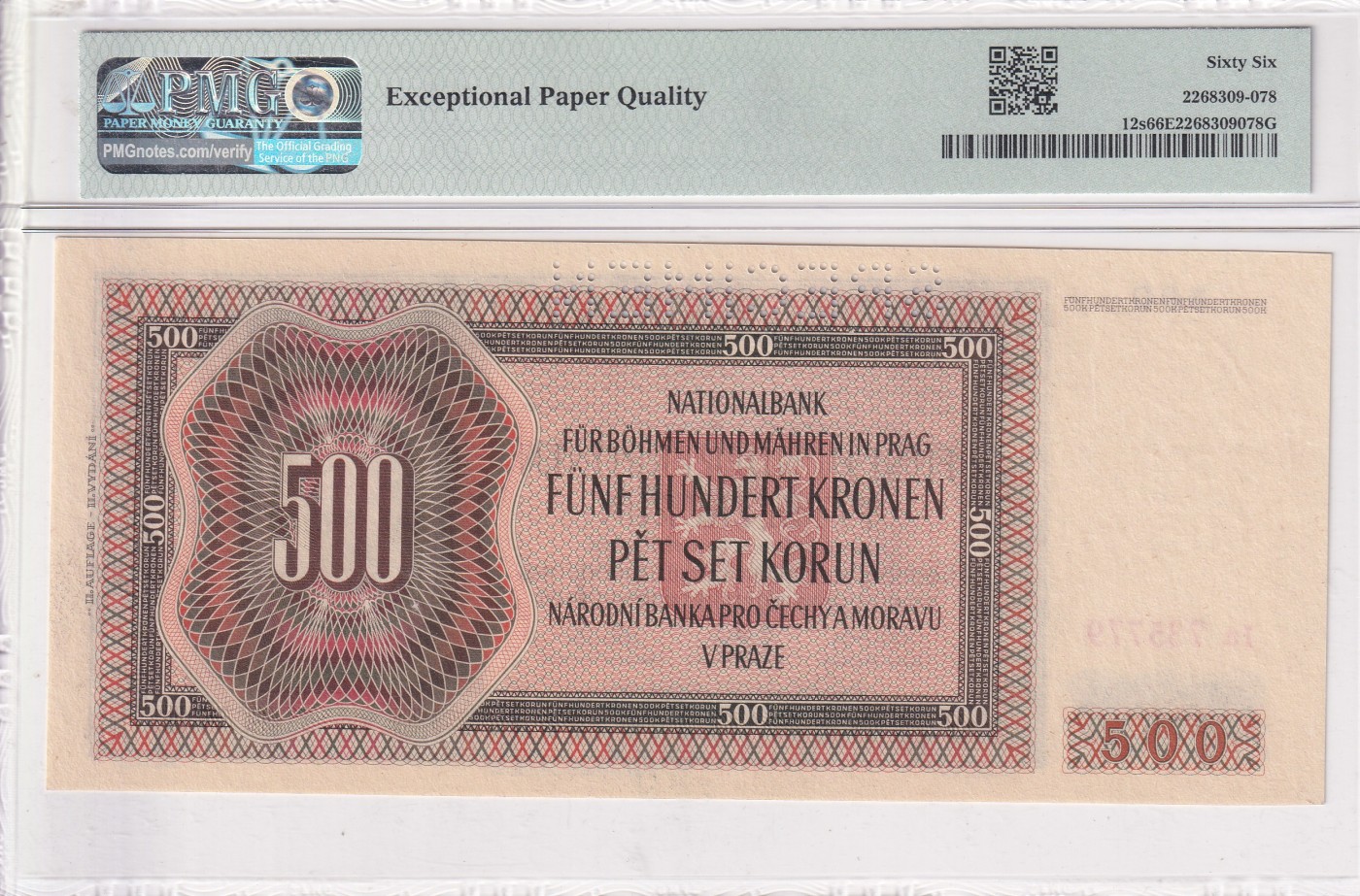 乐淘淘纸币精选 第15期 周五周六连拍第二场 【IA735779】波西米亚1942年纸币 500克朗 样钞 全奇数 PMG66EPQ 亚军分