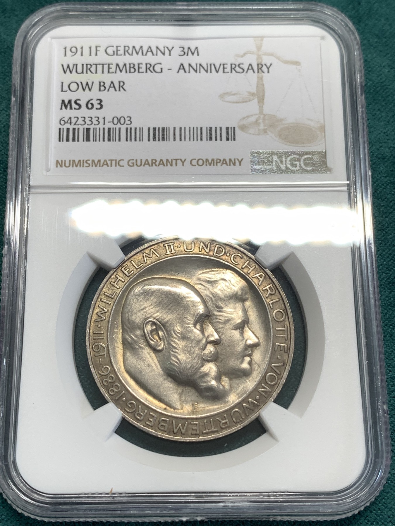 《竞宝斋》第189场-周日，周一 2场 (全场包邮) NGC-MS63 德国1911符腾堡威廉二世3马克纪念银币