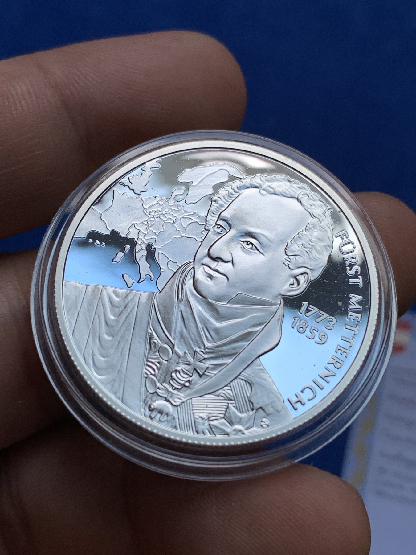 《竞宝斋》第189场-周日，周一 2场 (全场包邮) 奥地利2003年毕德麦耶时代纪念20欧元精制银币 梅特涅宰相和拿破仑战争后的欧洲 早期工业化 原盒证书 发行仅五万枚