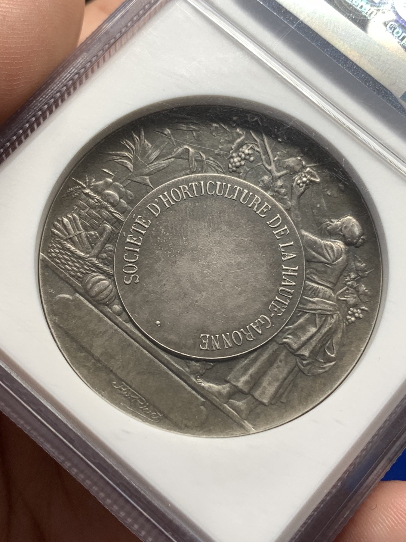 《竞宝斋》第189场-周日，周一 2场 (全场包邮) NGC MS63 法国加龙河园艺协会银章 加厚盒子 双面黑包浆，黑的入骨入髓，说的就是这种，章的细节刻画的很好，背面未刻字，原汁原味，十分难得