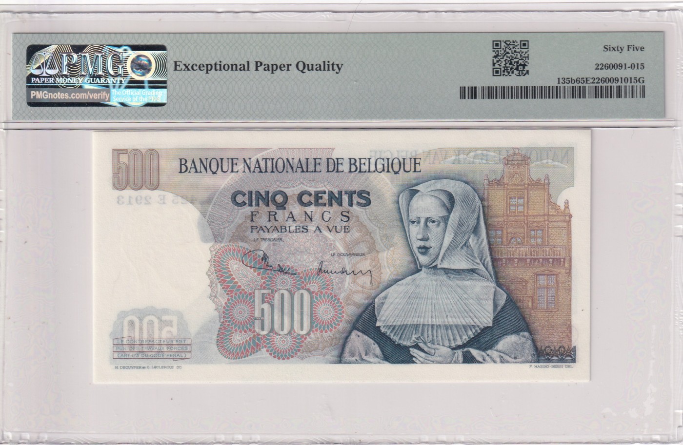 乐淘淘纸币精选 第15期 周五周六连拍第二场 【425E2913】比利时1961-75年纸币 500法郎 PMG65EPQ
