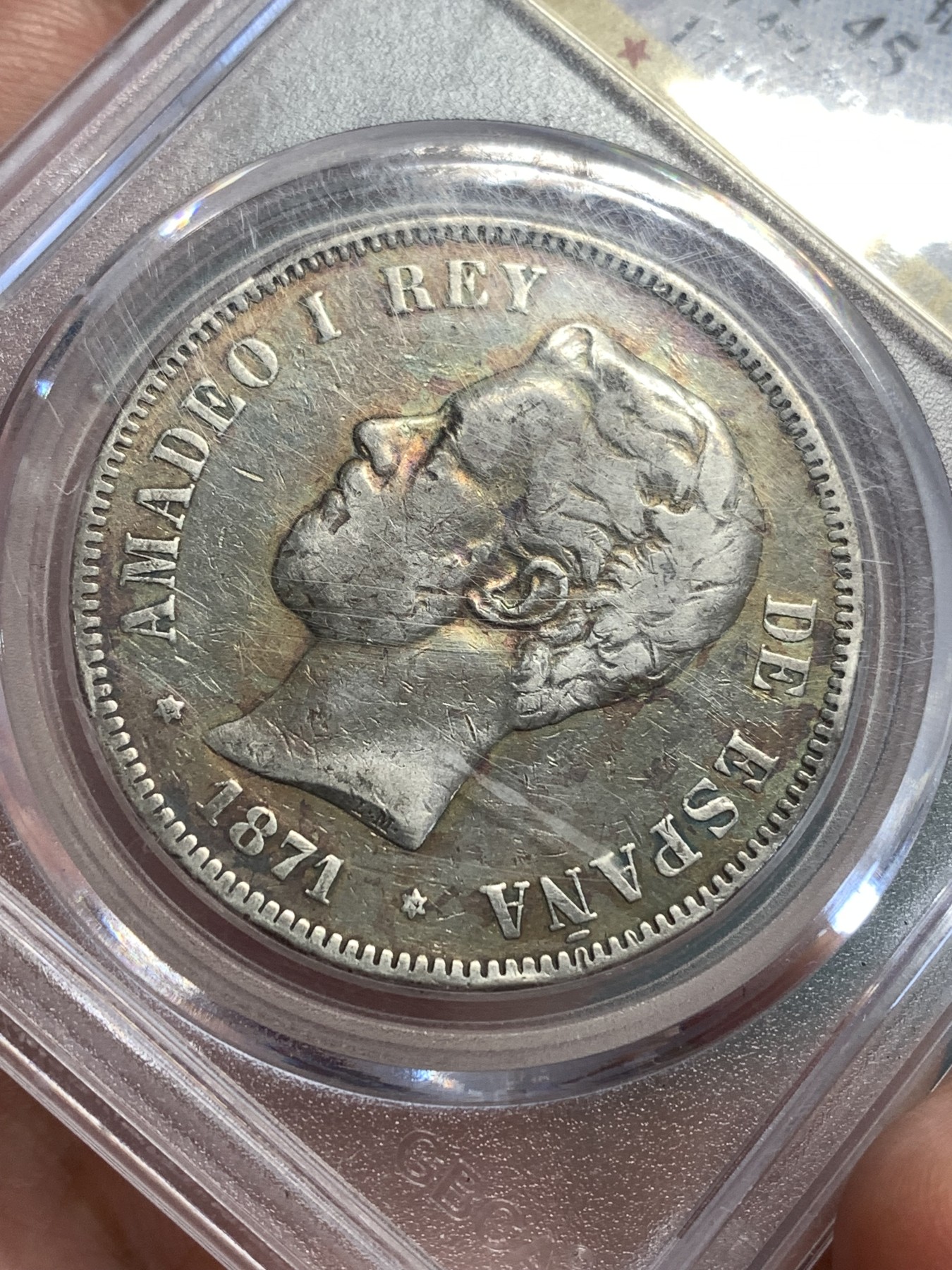 《竞宝斋》第189场-周日，周一 2场 (全场包邮) 公博评级 XF45 西班牙双柱艾玛迪奥一世5比赛塔银币