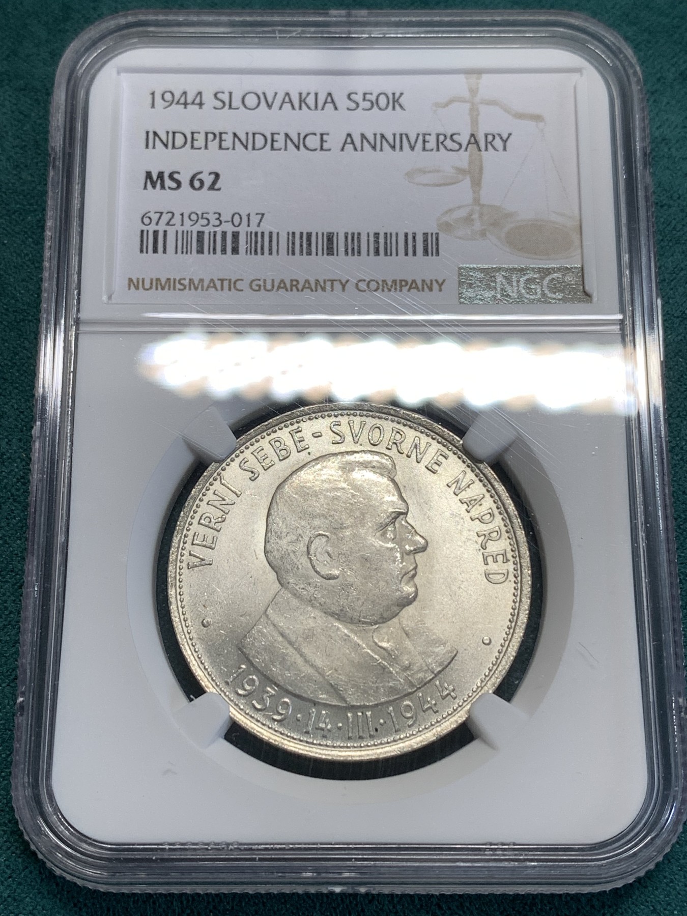 《竞宝斋》第189场-周日，周一 2场 (全场包邮) NGC MS62 斯洛伐克1944年傀儡总统50克朗银币