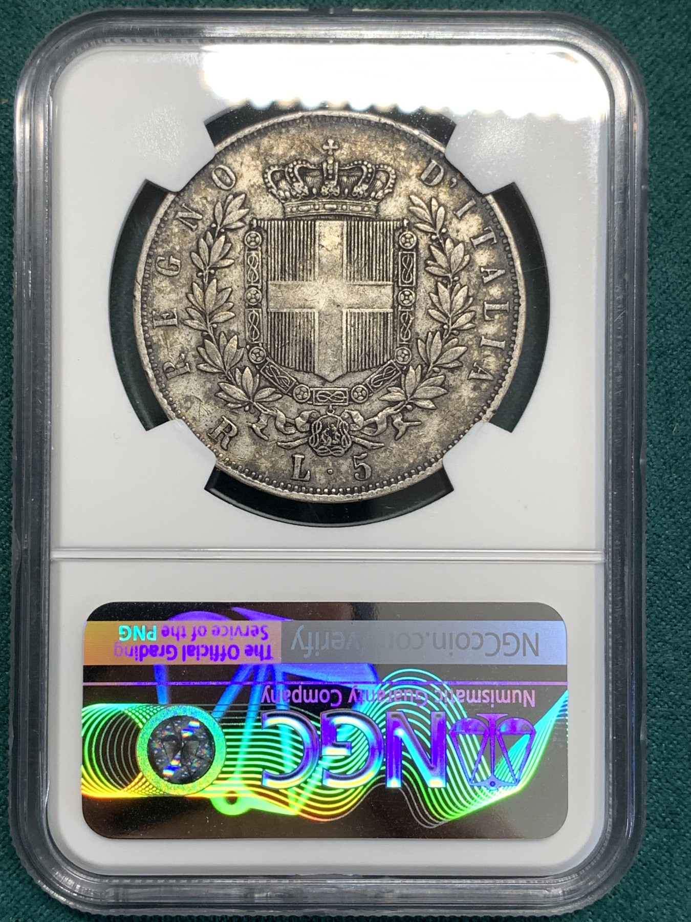 《竞宝斋》第189场-周日，周一 2场 (全场包邮) NGC XFD 意大利1876年伊曼纽尔二世5里拉大银币 原味老包浆