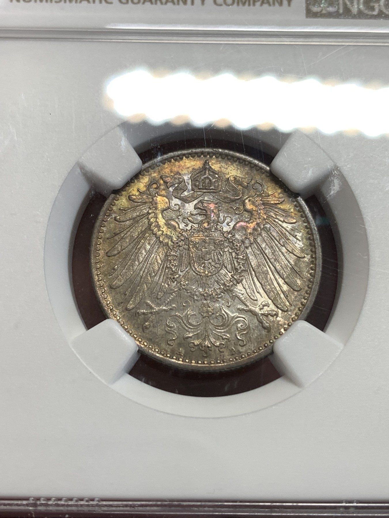 《竞宝斋》第189场-周日，周一 2场 (全场包邮) NGC-MS62 德国1915年A版1马克银币 整体五彩包浆 炫彩夺目