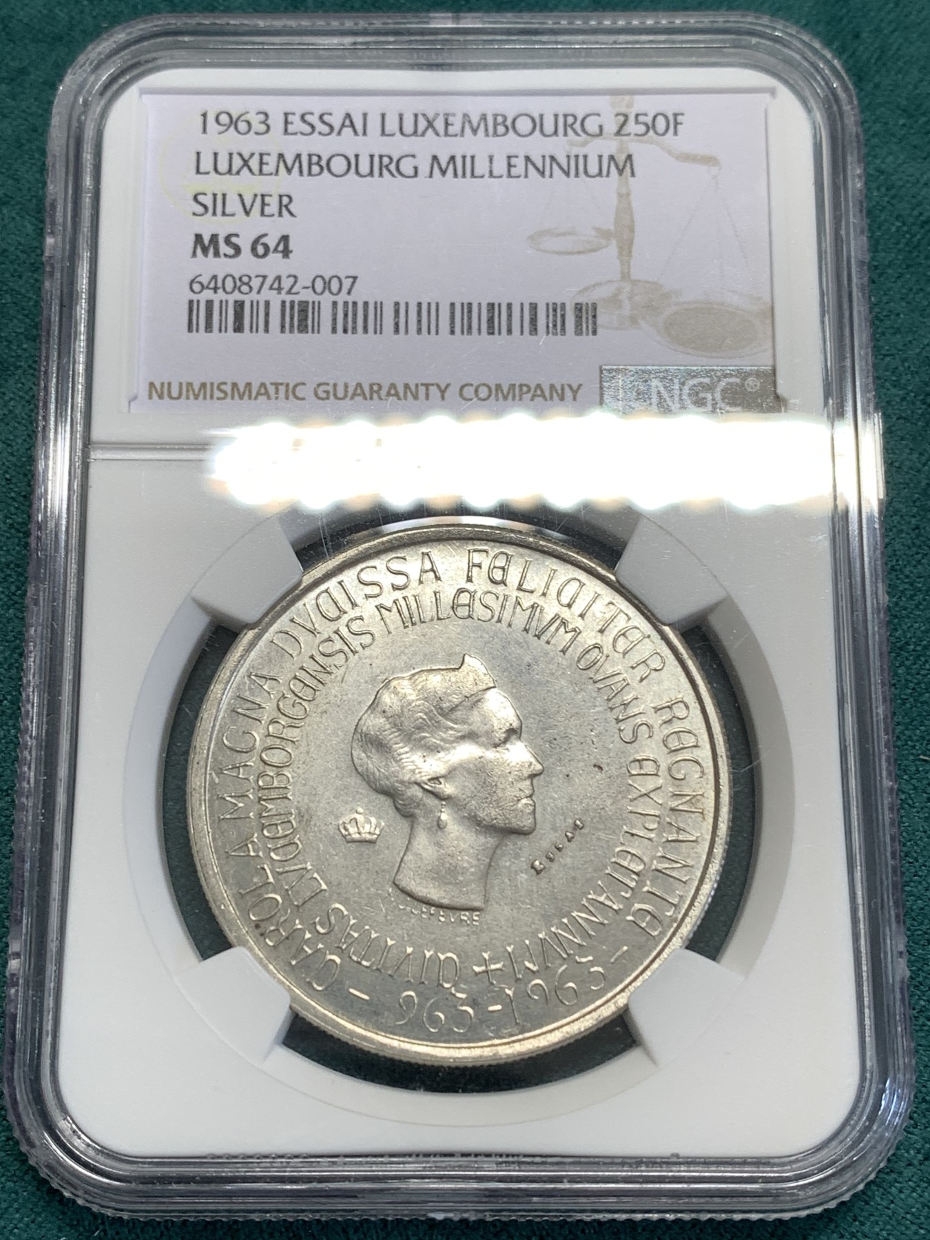 《竞宝斋》第189场-周日，周一 2场 (全场包邮) NGC-MS64  卢森堡1963年250法郎 卢森堡建城千年银样币 稀少样币