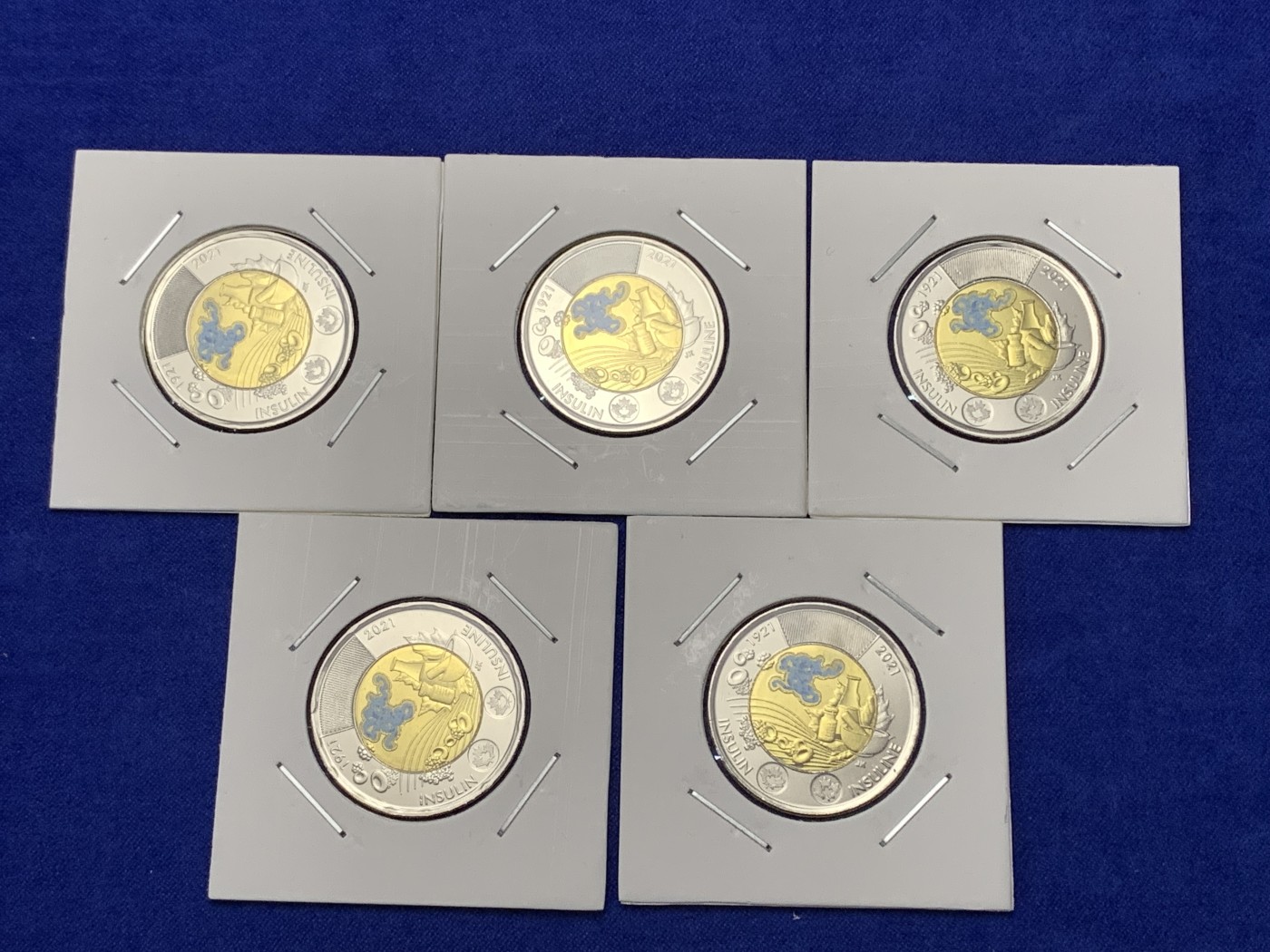 《竞宝斋》第189场-周日，周一 2场 (全场包邮) 加拿大 2021年2元胰岛素发明100周年 彩色双色币 5枚 卷拆品