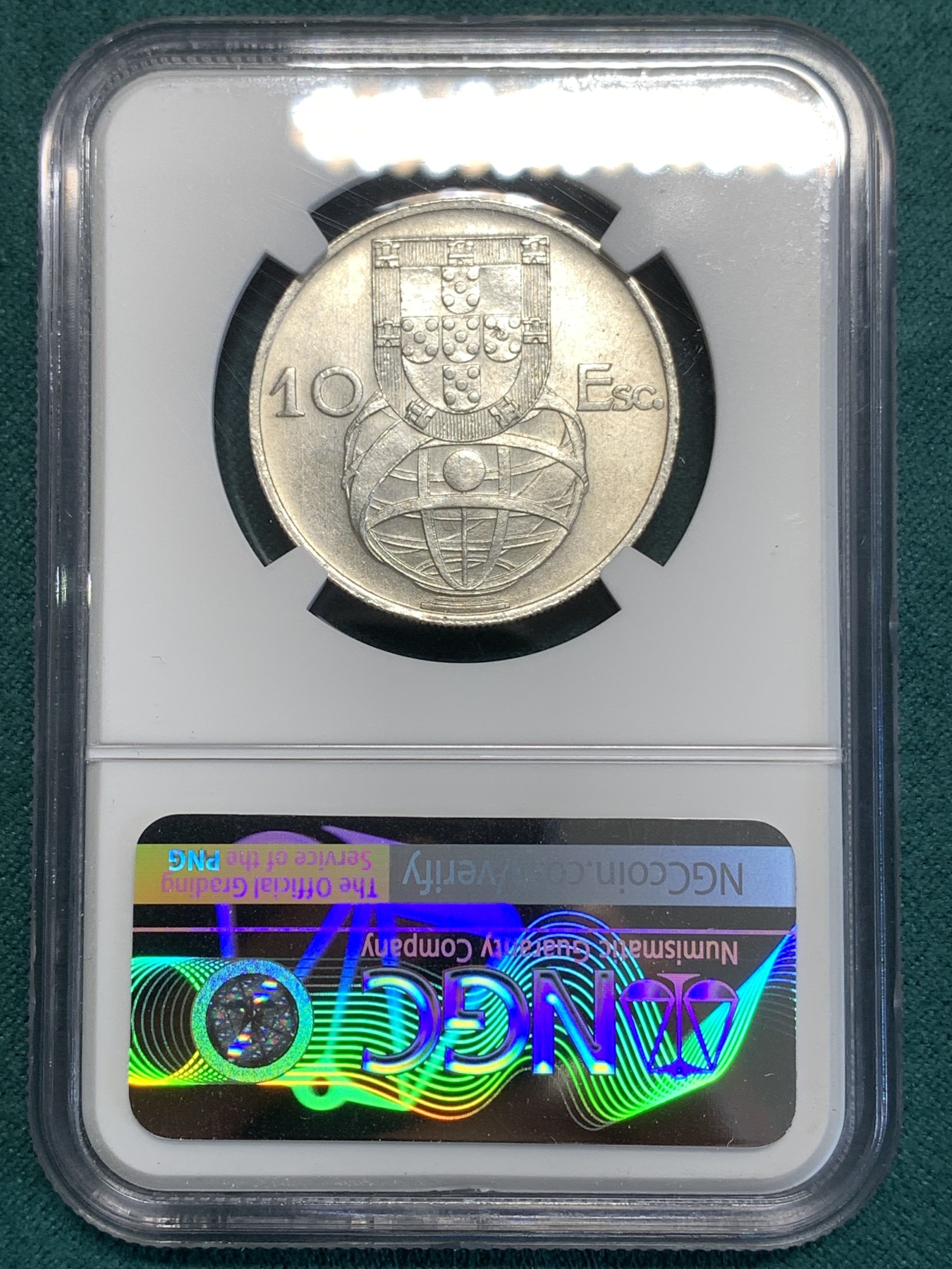 《竞宝斋》第189场-周日，周一 2场 (全场包邮) NGC-MS64 葡萄牙1955年大帆船10埃斯库多银币 一帆风顺