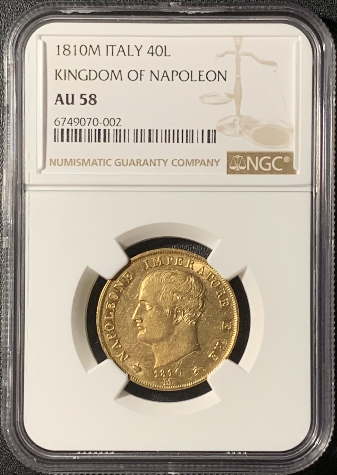 紫瑗钱币——第296期拍卖 意大利王国 1810年 拿破仑三世 40里拉 金币 NGC AU58