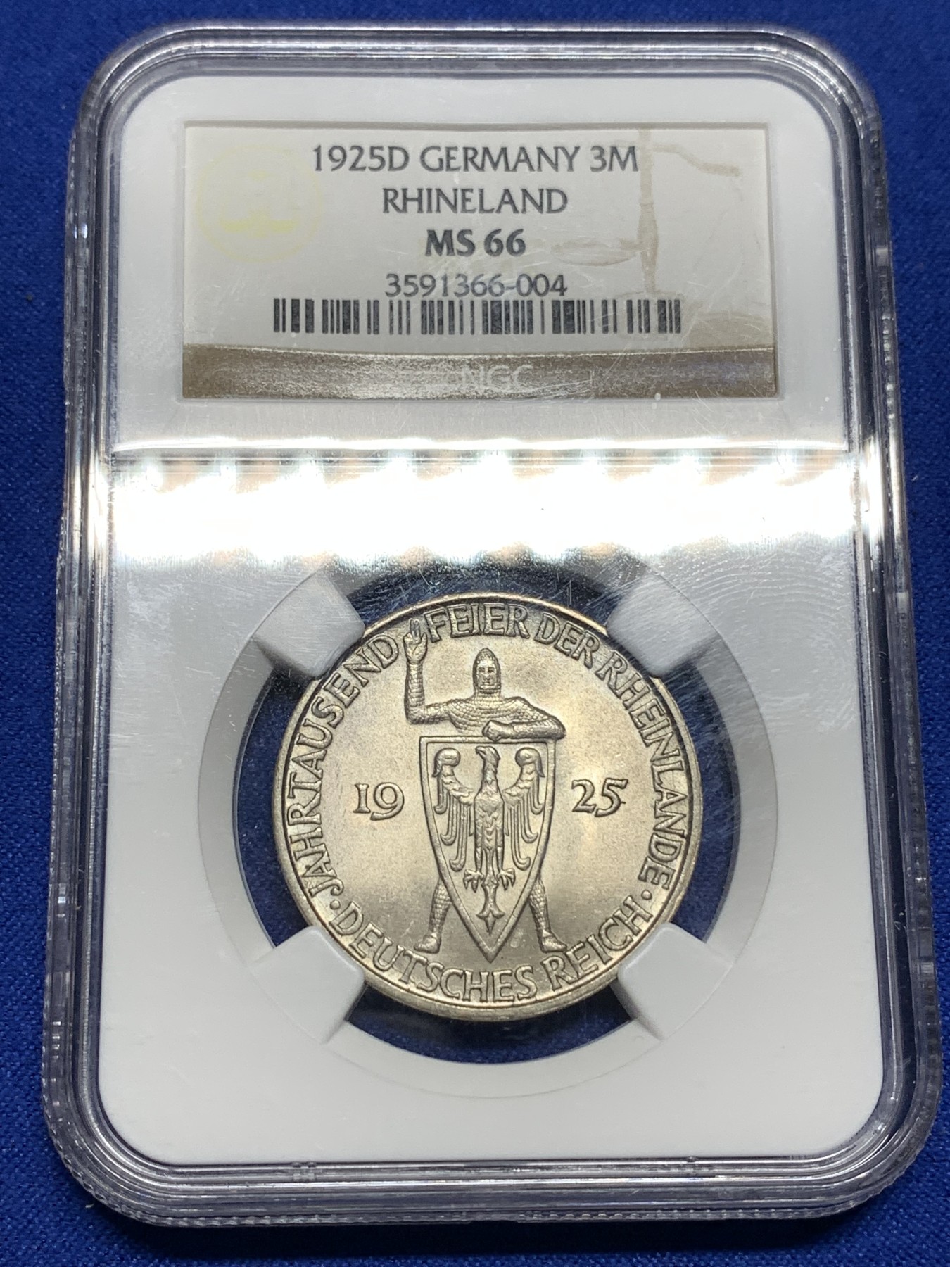 《竞宝斋》第190场-周日，周一 2场 (全场包邮) NGC-MS66 德国魏玛时期 1925 莱茵兰千年 纪念 3马克银币 原味包浆，少见的品种，高分不容易