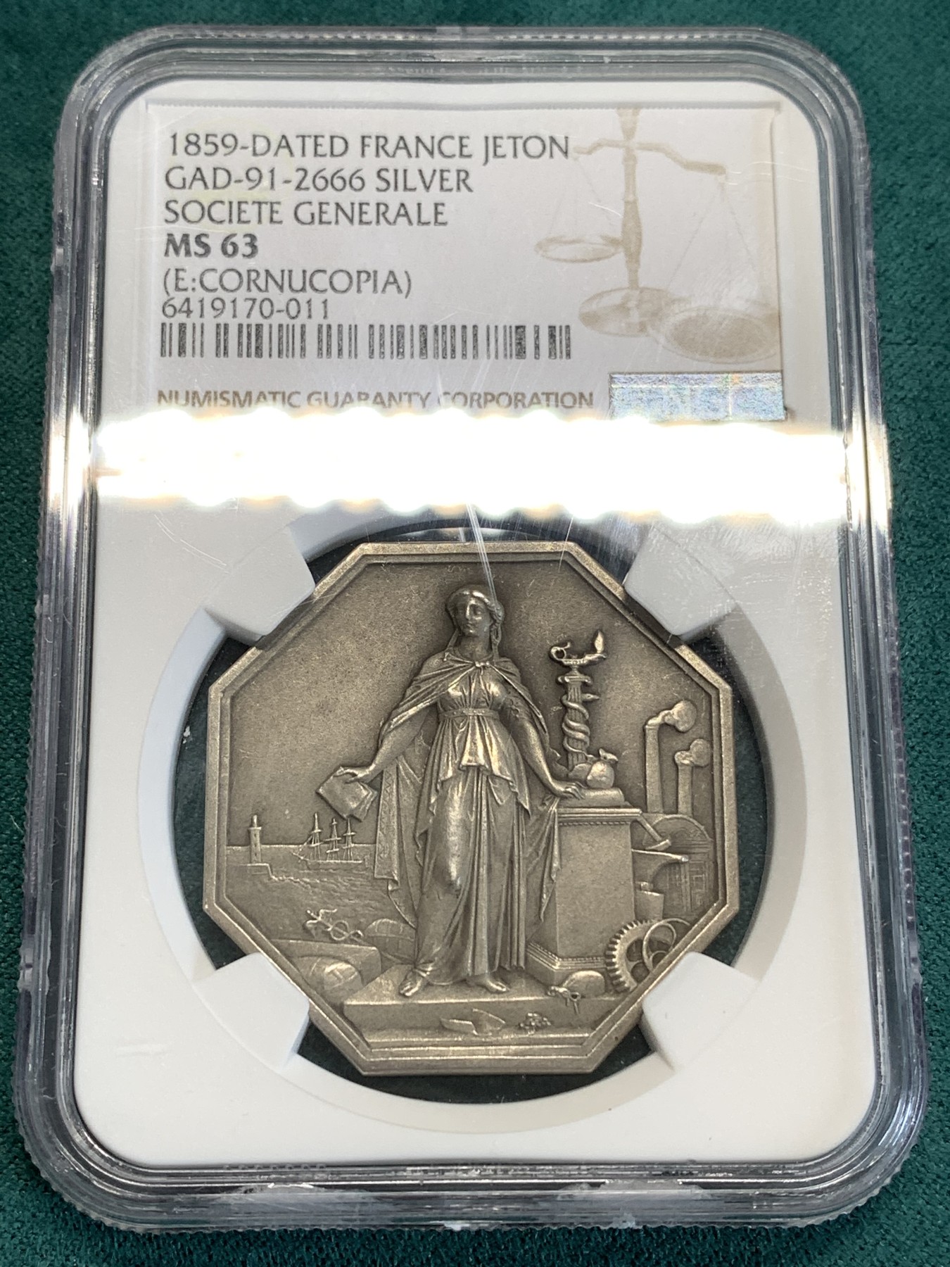 《竞宝斋》第190场-周日，周一 2场 (全场包邮) NGC-MS63 法国1859年工业女神JETON银质八角代币