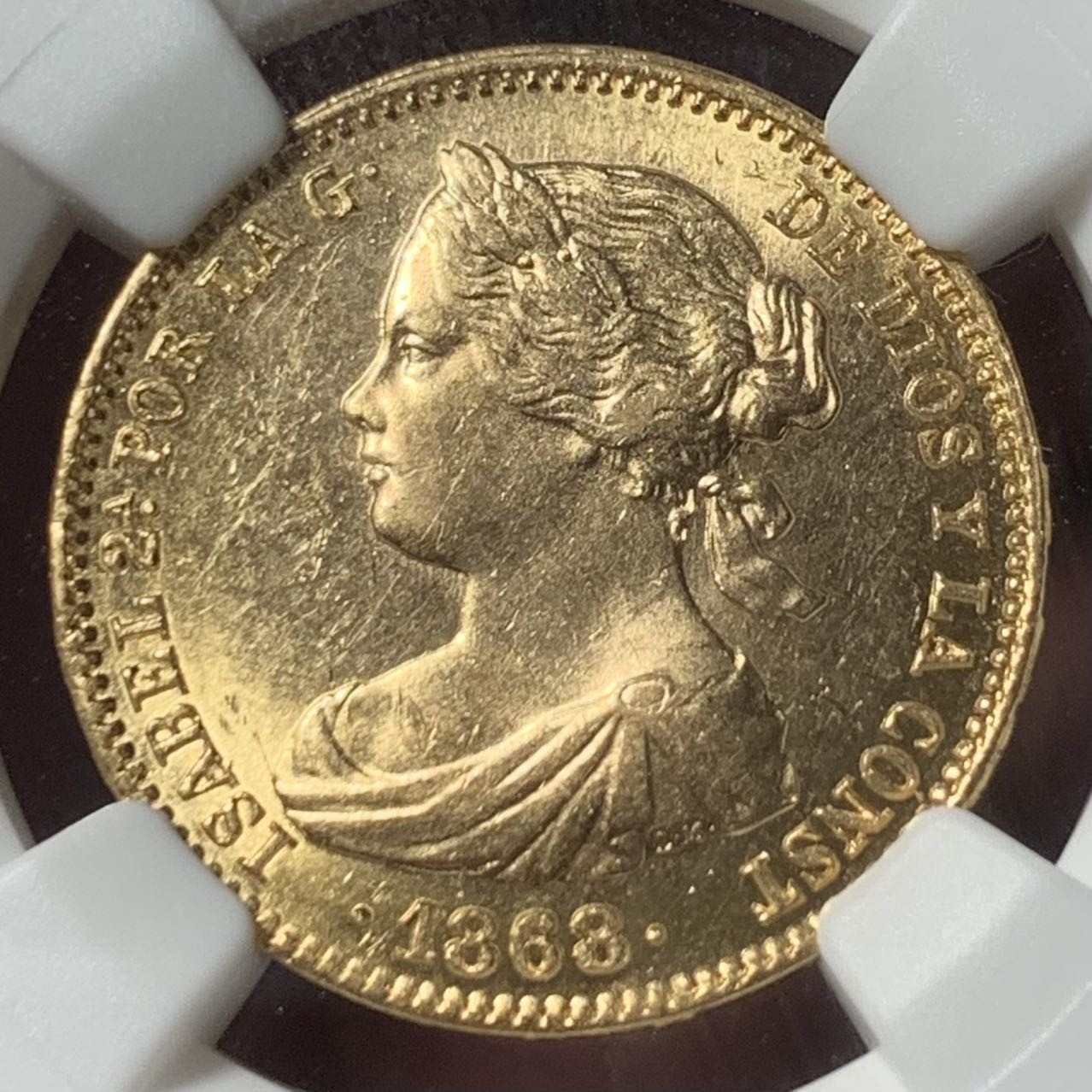 紫瑗钱币——第296期拍卖 西班牙 1868年 马德里 伊莎贝拉二世 10埃斯库多 金币 NGC MS63