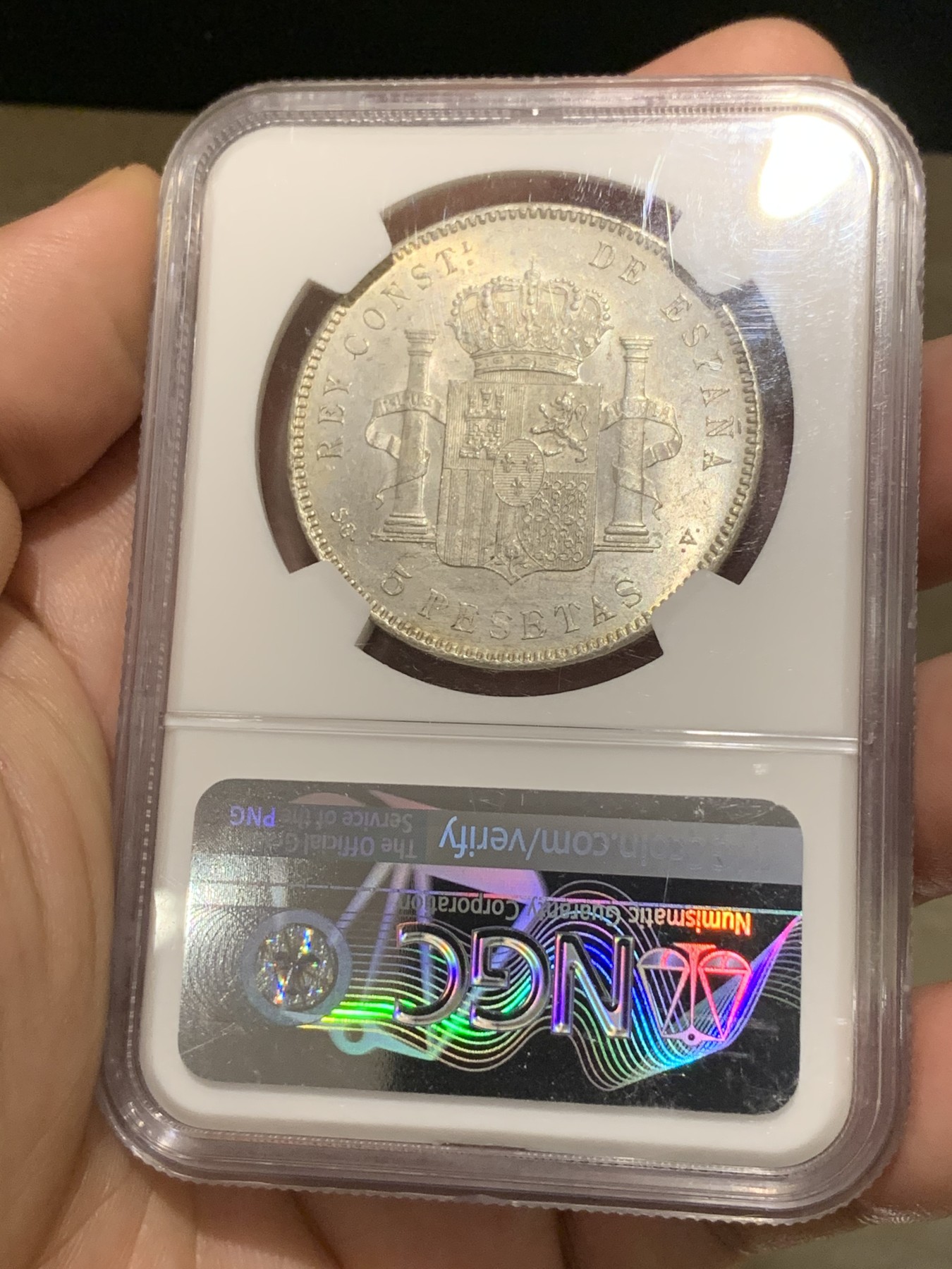 《竞宝斋》第190场-周日，周一 2场 (全场包邮) NGC-MS62 西班牙 双柱 1898 SGV 阿方索十三世 5比塞塔银币