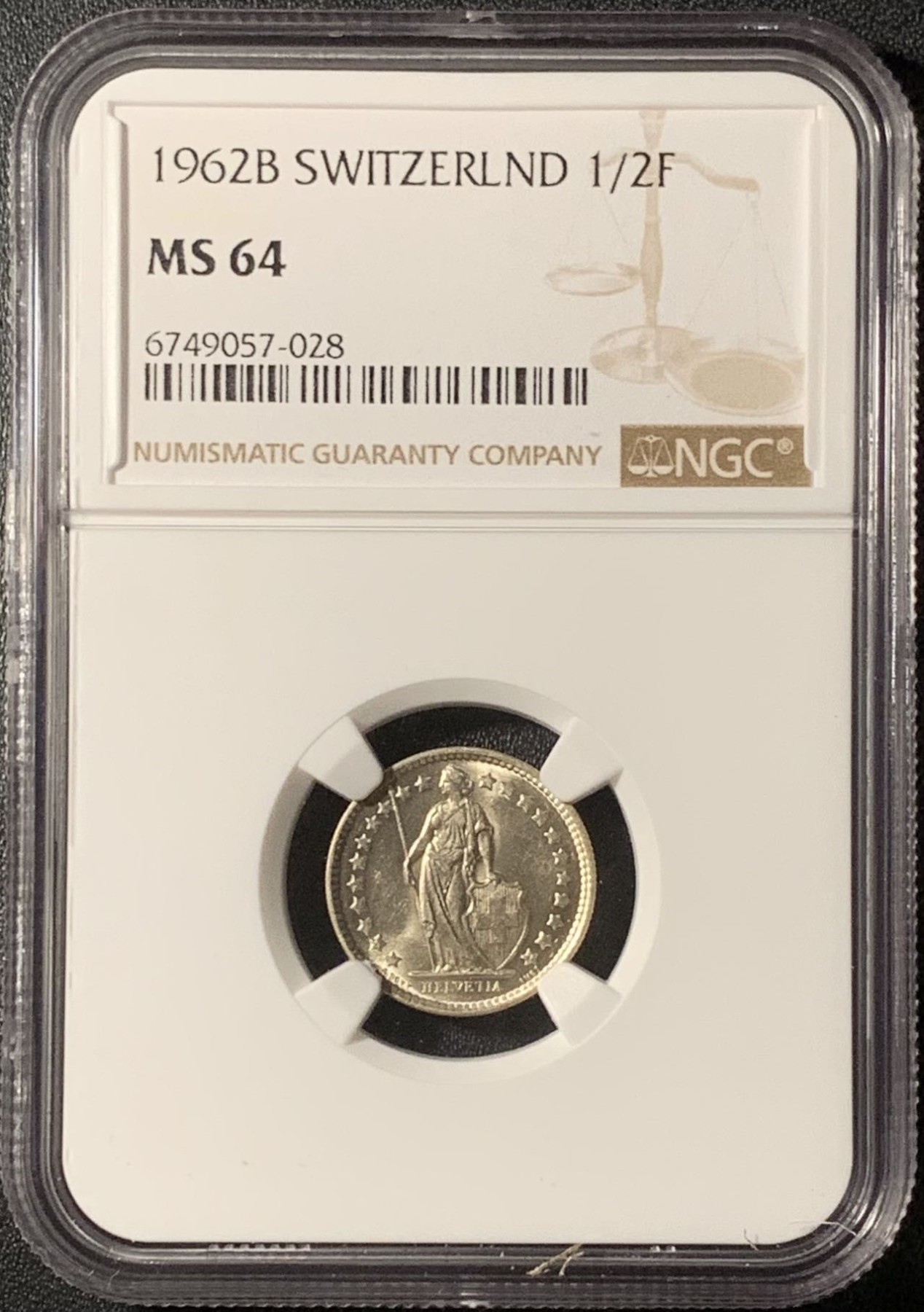 紫瑗钱币——第296期拍卖 瑞士 1962年 赫尔维蒂亚 1/2法郎 银币 NGC MS64