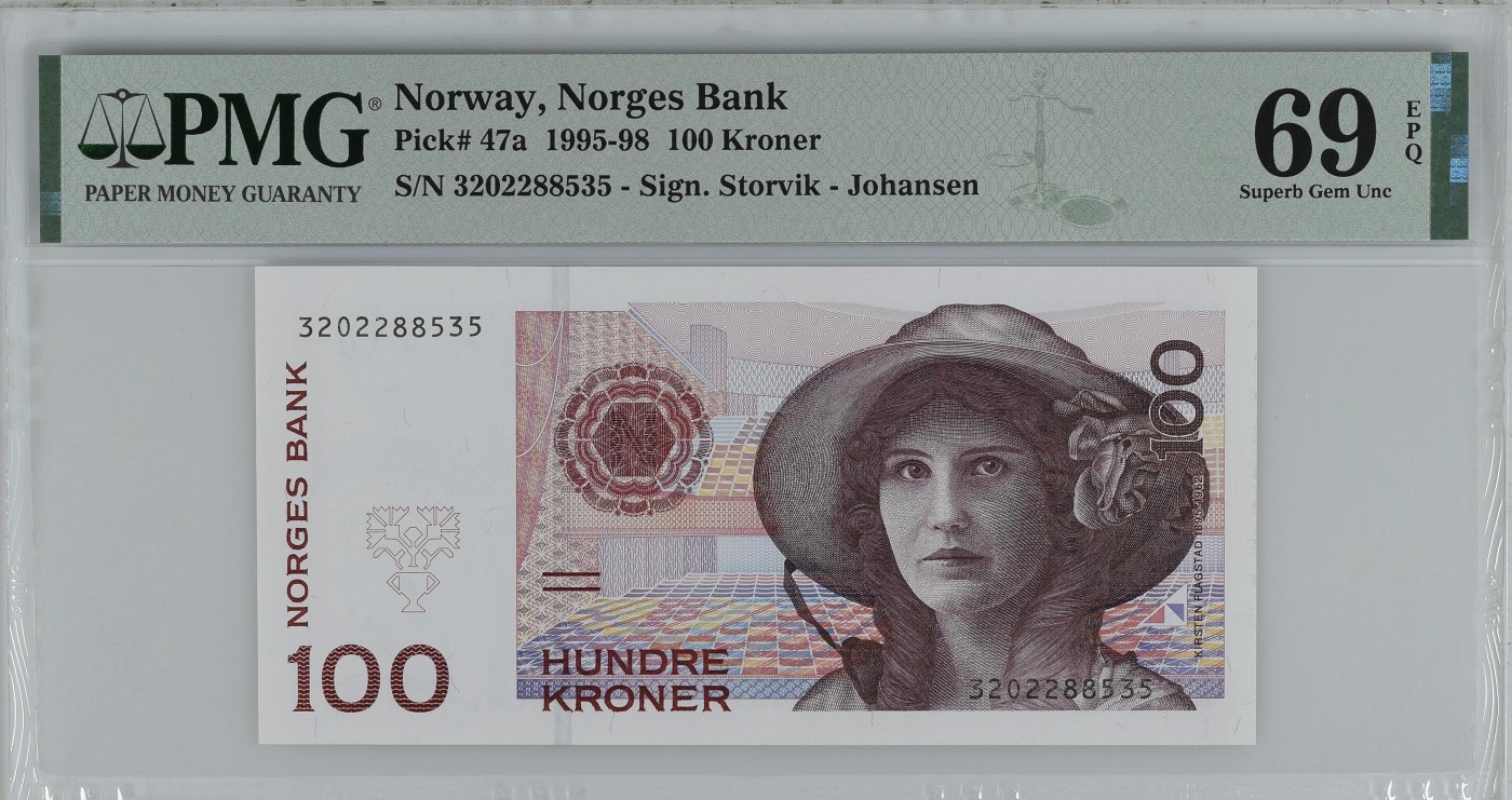 乐淘淘纸币精选 第15期 周五周六连拍第二场 【3202288535】挪威1995年纸币 首版 100克朗 长号无47 PMG69EPQ 唯二冠军分！