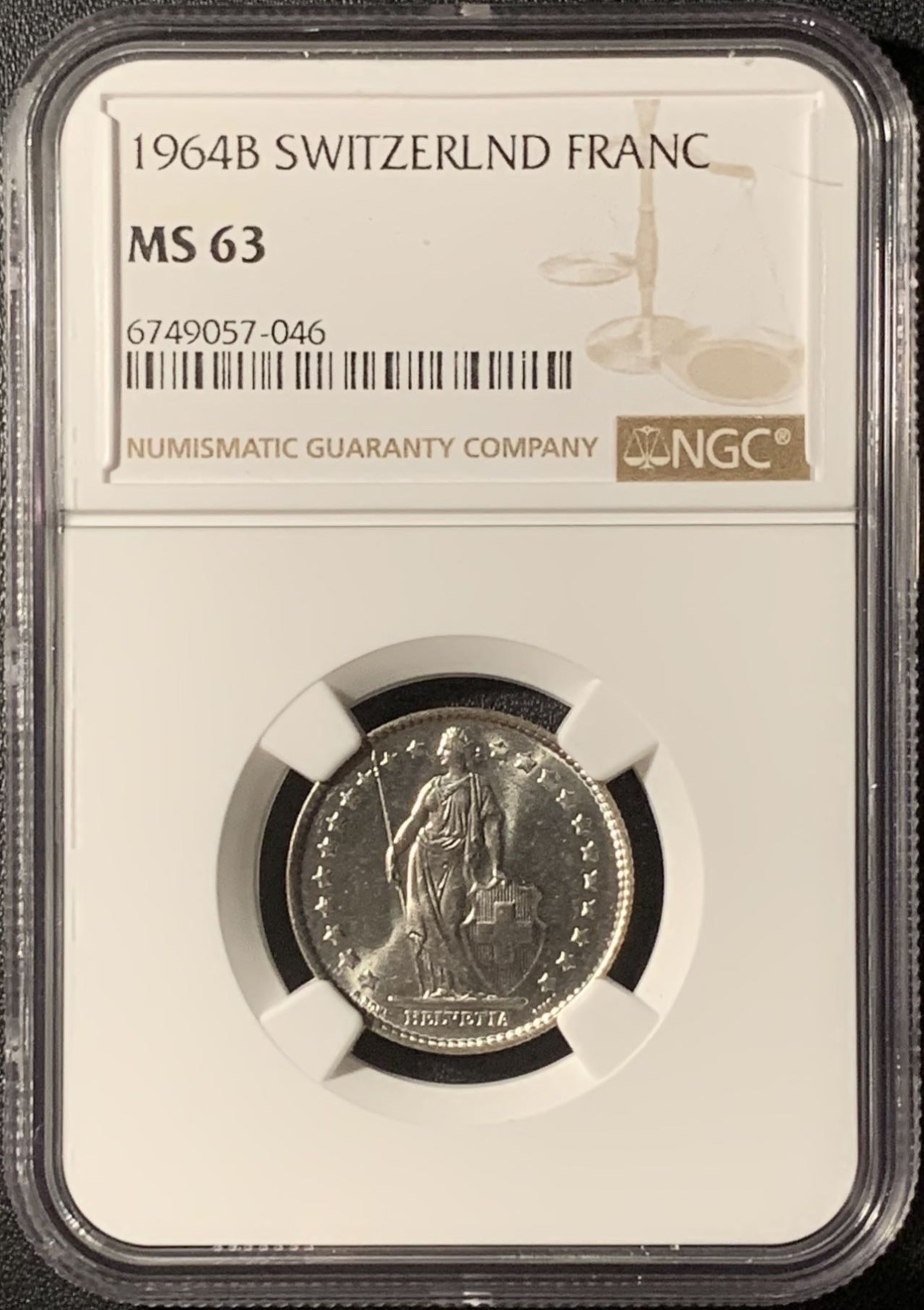 紫瑗钱币——第296期拍卖 瑞士 1964年 赫尔维蒂亚 1法郎 银币 NGC MS63